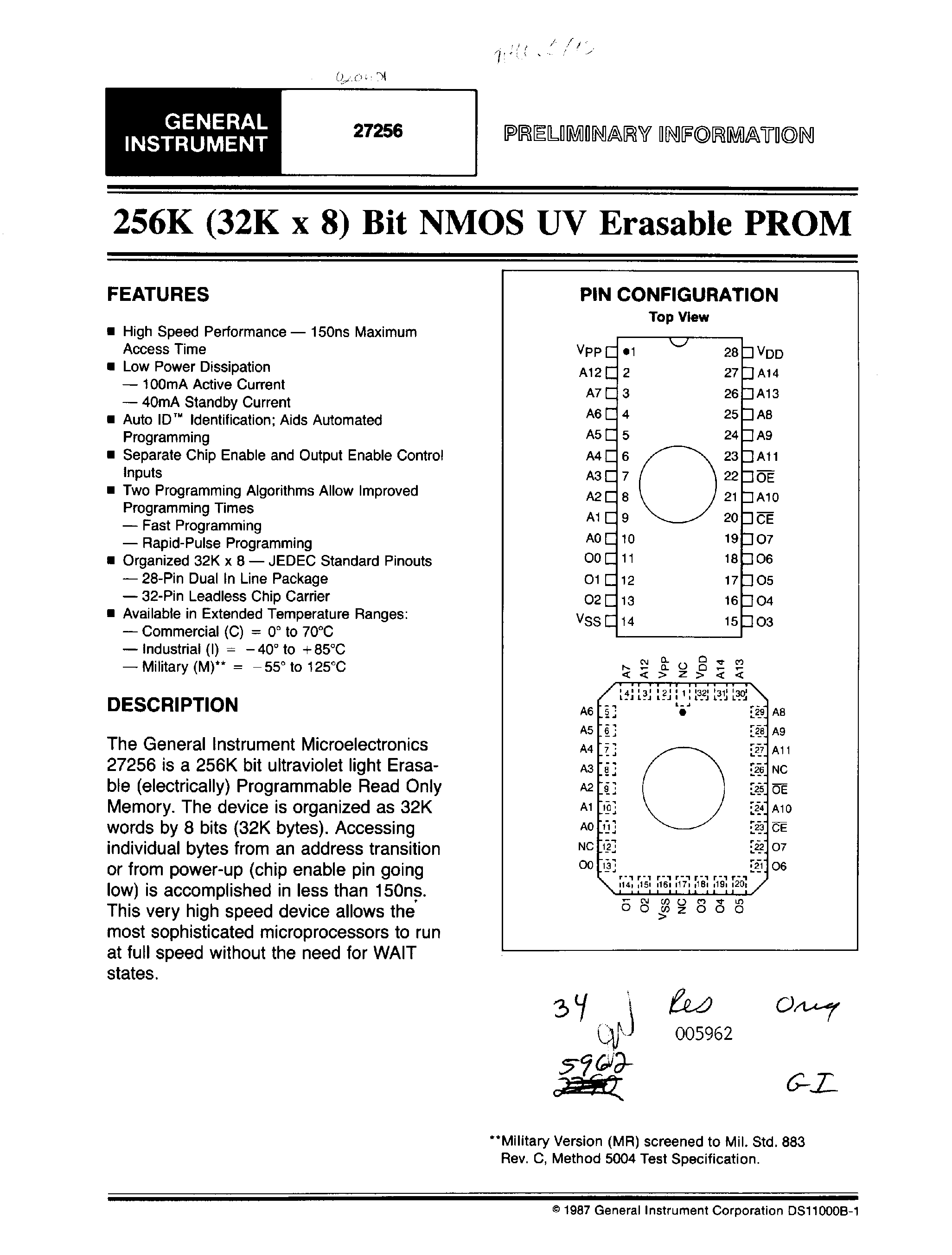 Даташит на микросхему 27256 страница 1 Даташит 27256 - 256K (32k x 8) Bit NMOS UV Erasable PROM страница 1