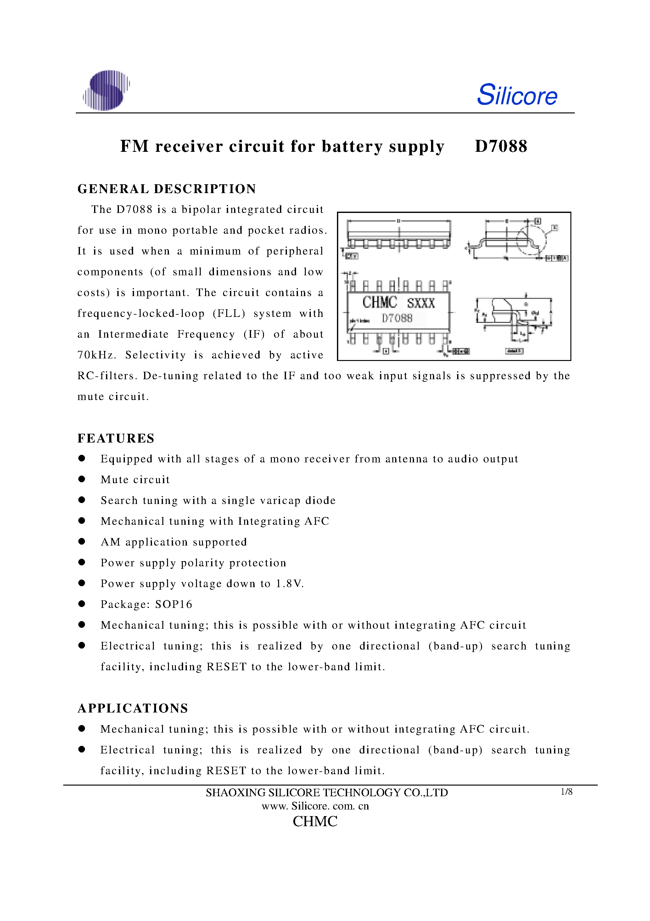 Datasheet D7088 - FM Receiver Circuit for Battery Supply page 1