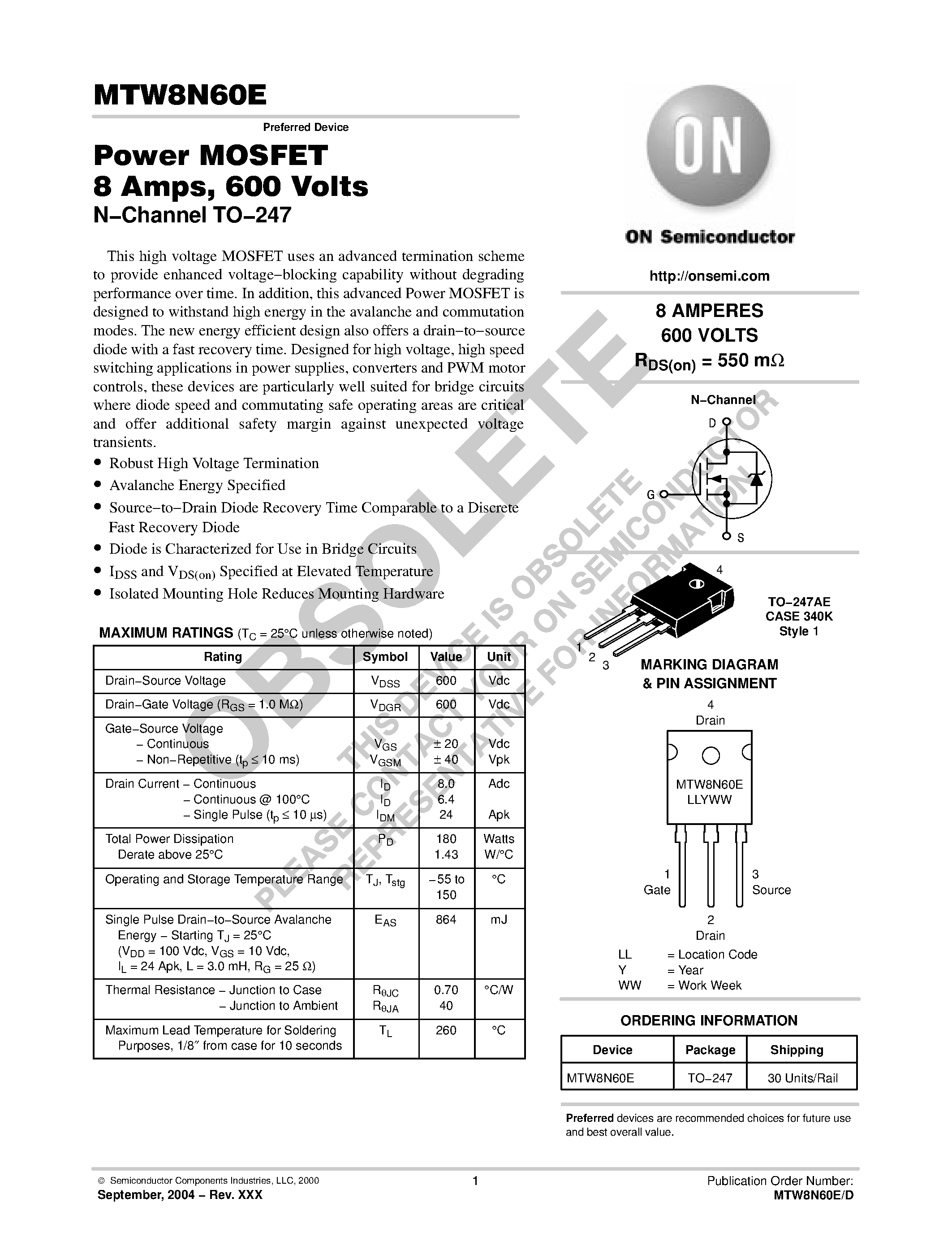 Даташит на микросхему MTW8N60E страница 1 Даташит MTW8N60E - TMOS POWER FET 8.0 AMPERES 600 VOLTS RDS(on) = 0.55 OHM страница 1