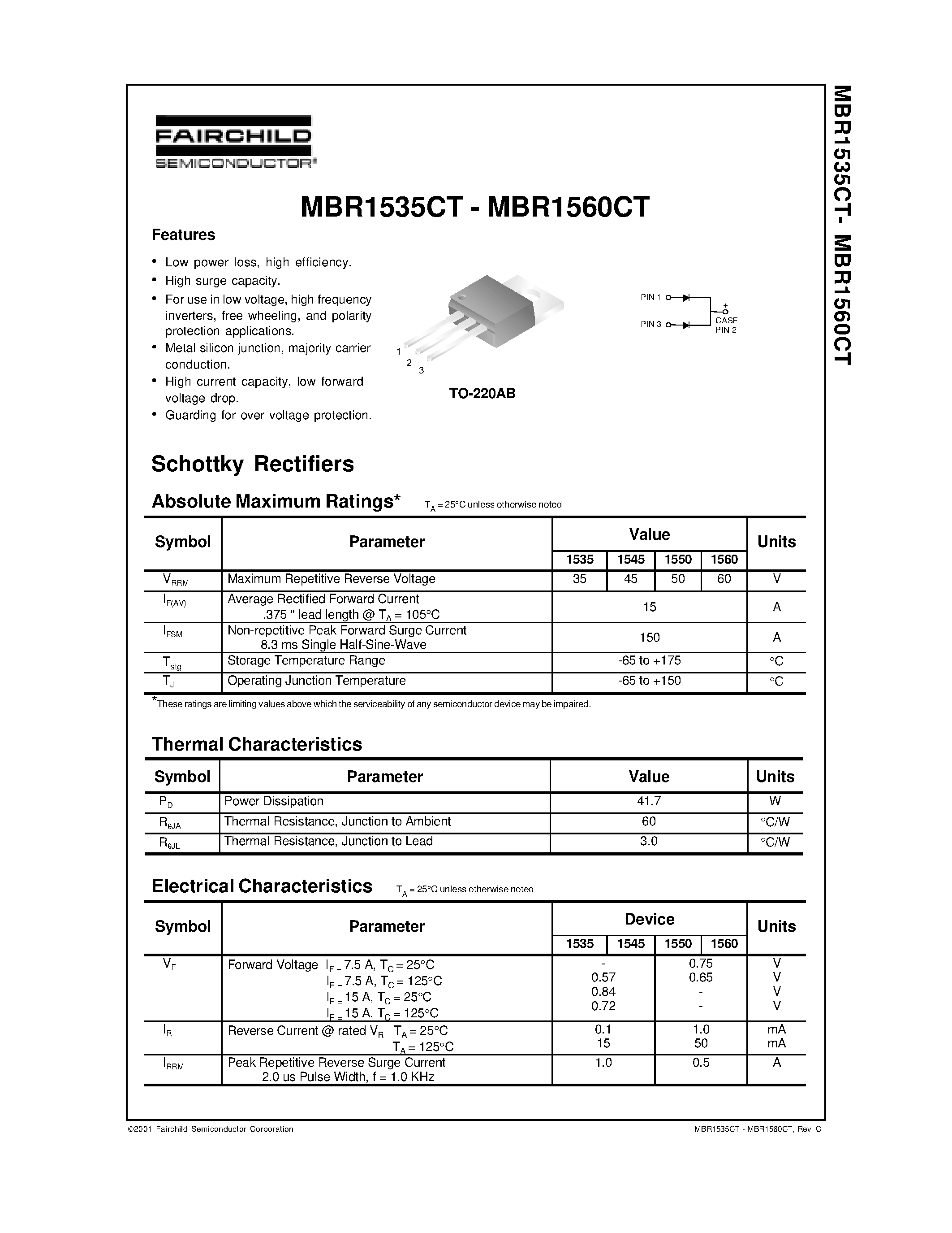 Datasheet MBR1560CT - Schottky Rectifiers page 1