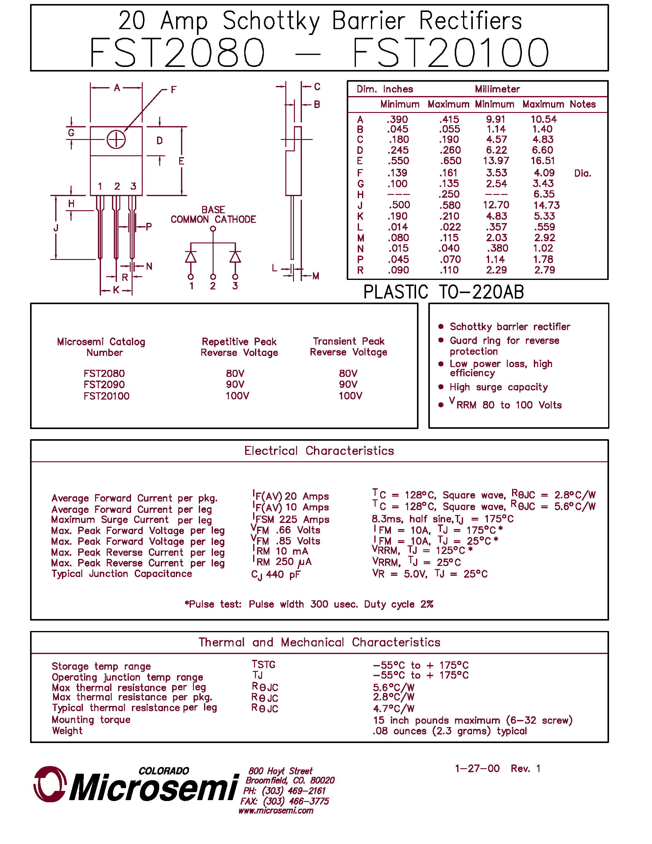 Datasheet MBR16100CT - 20 AMP SCHOTTKY BARRIER RECTIFIERS page 1