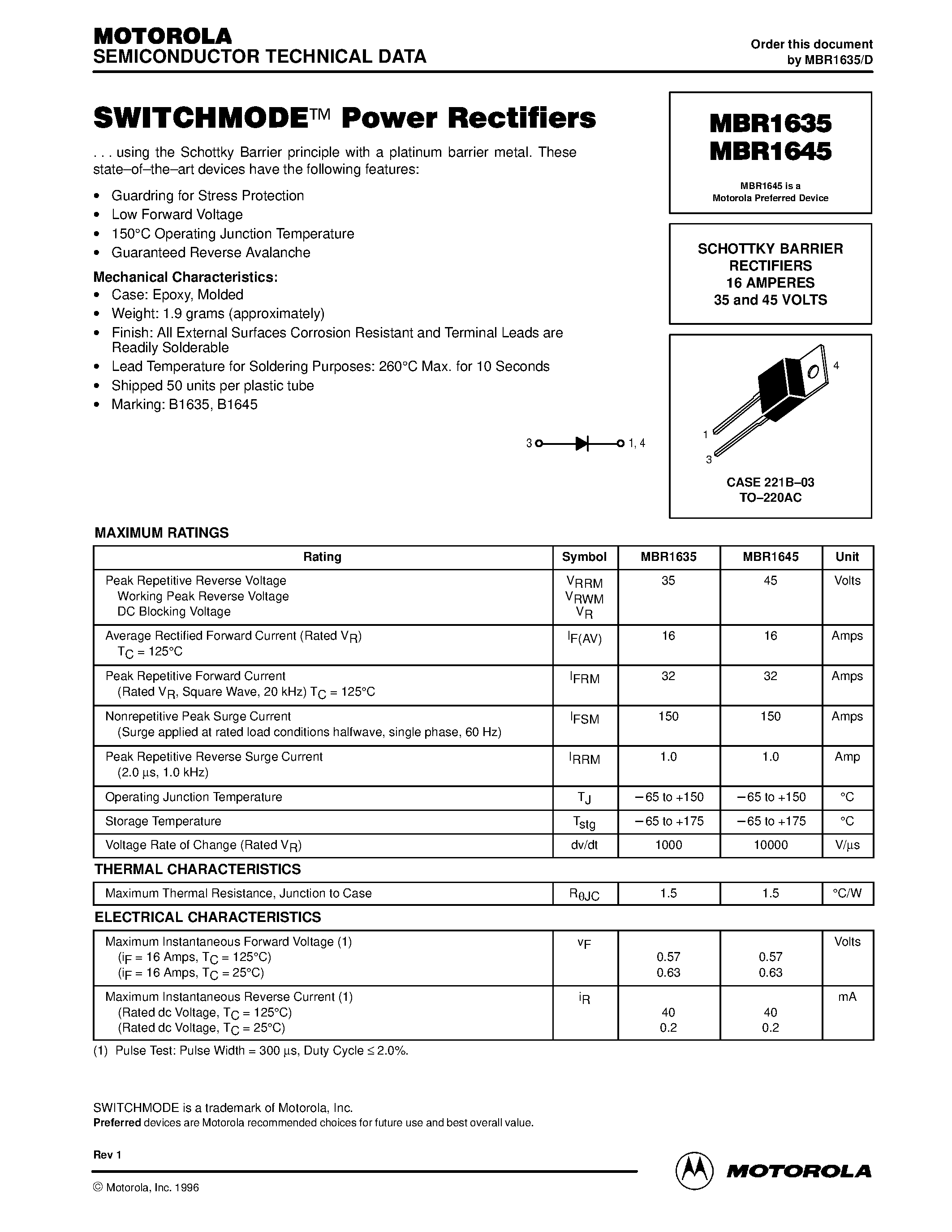 Datasheet MBR1635 page 1 Datasheet MBR1635 - SWITCHMODE Power Rectifiers page 1
