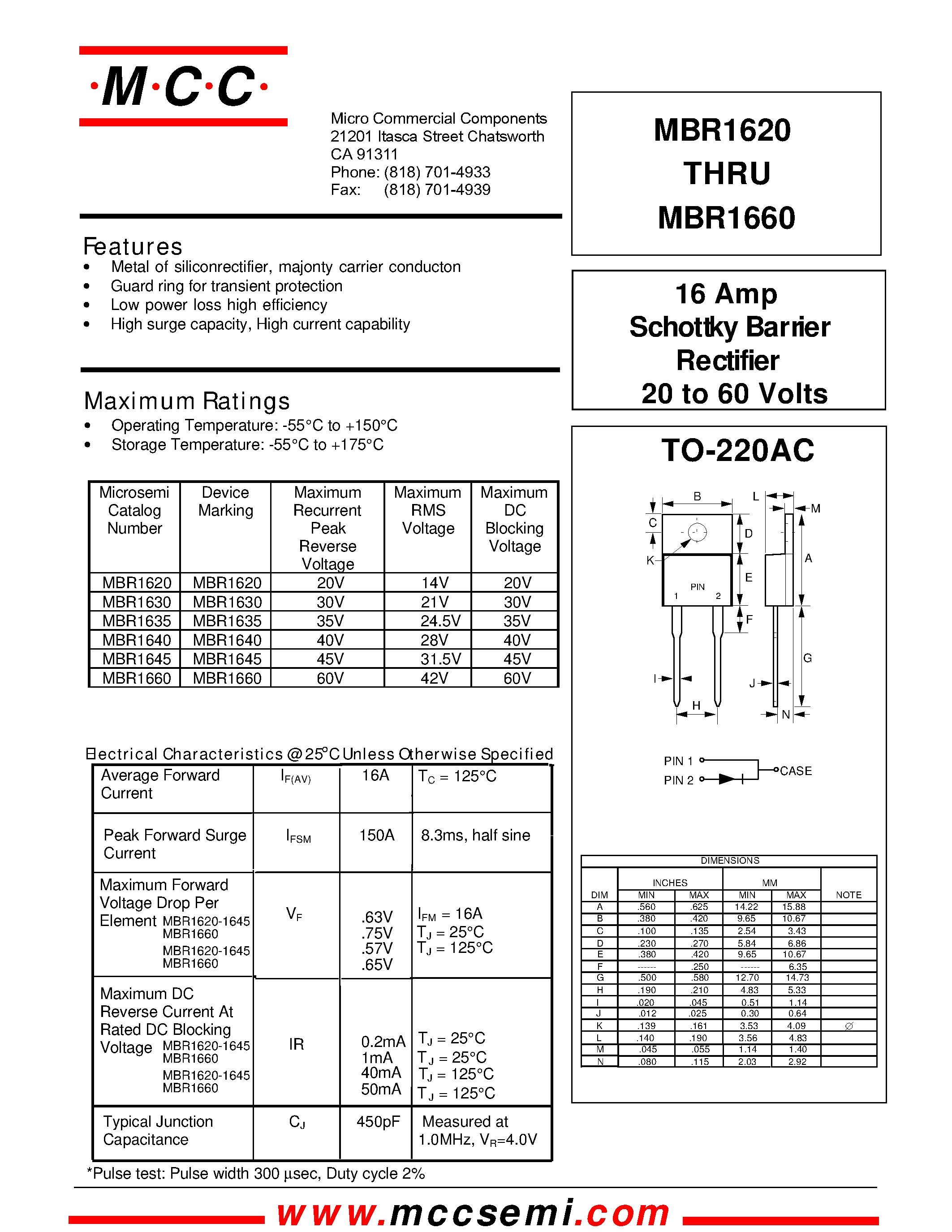 Datasheet MBR1645 page 1 Datasheet MBR1645 - 16 Amp Schottky Barrier Rectifier 20 to 60 Volts page 1
