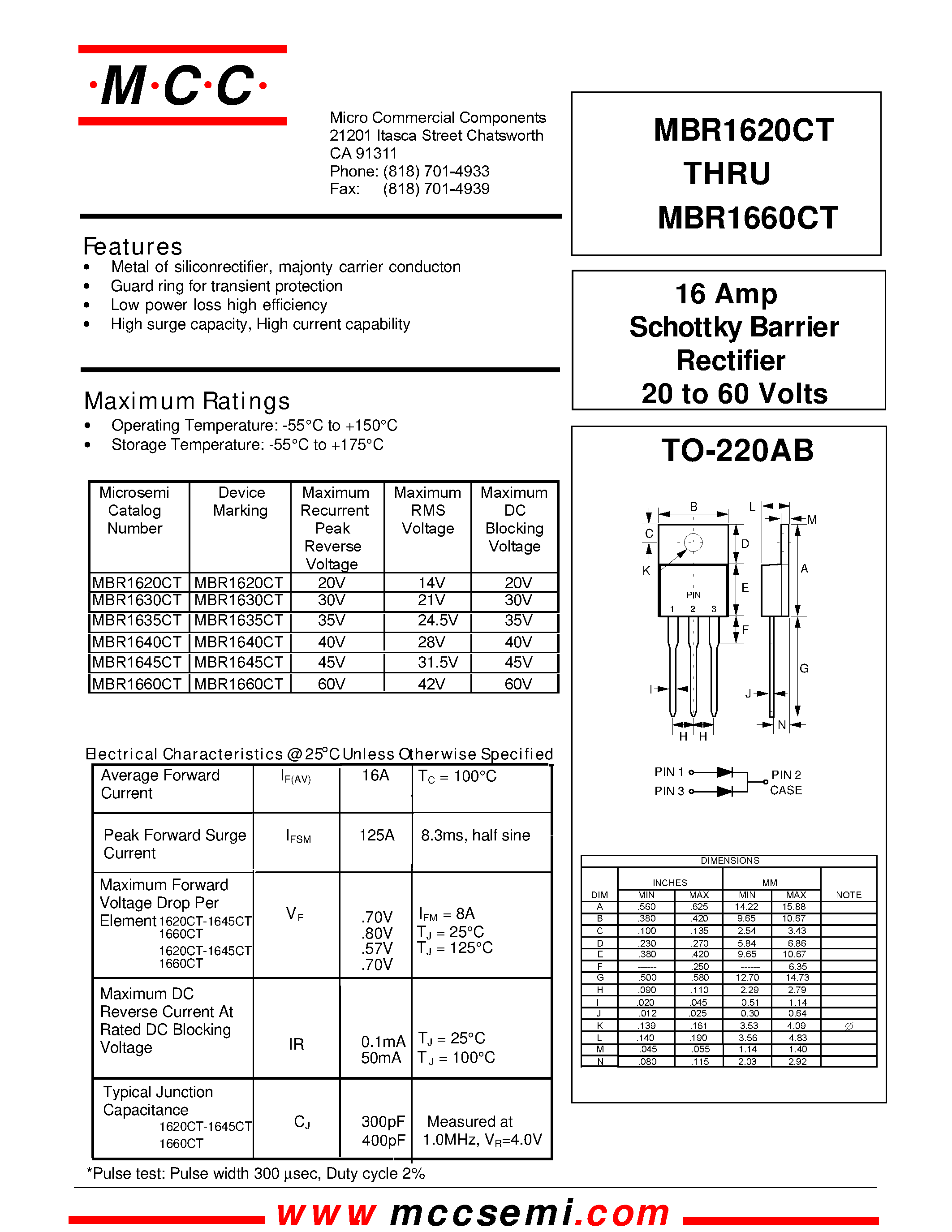 Datasheet MBR1645CT page 1 Datasheet MBR1645CT - 16 Amp Schott ky Barr ier Rectifier 20 to 60 Volts page 1