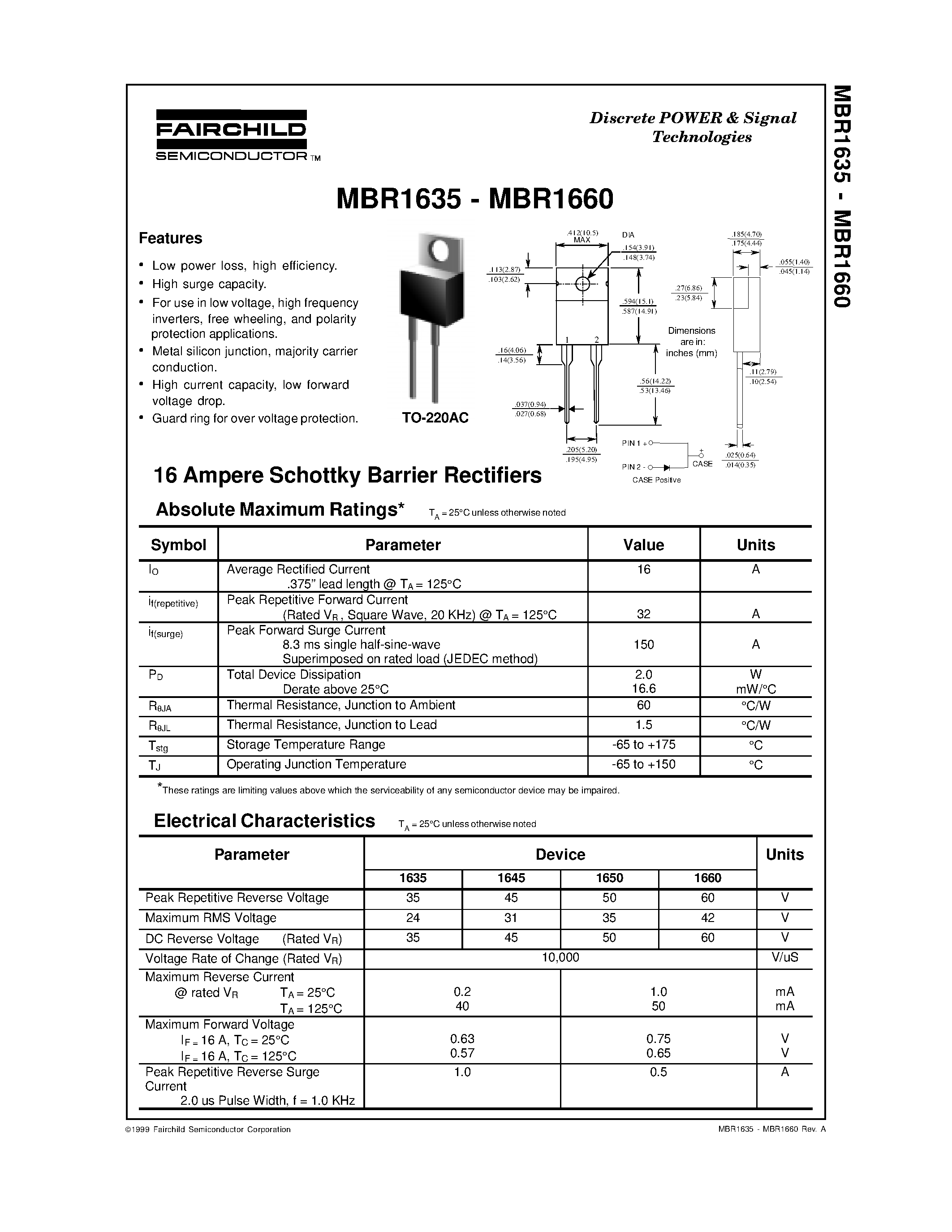 Datasheet MBR1660 - 16 Ampere Schottky Barrier Rectifiers page 1