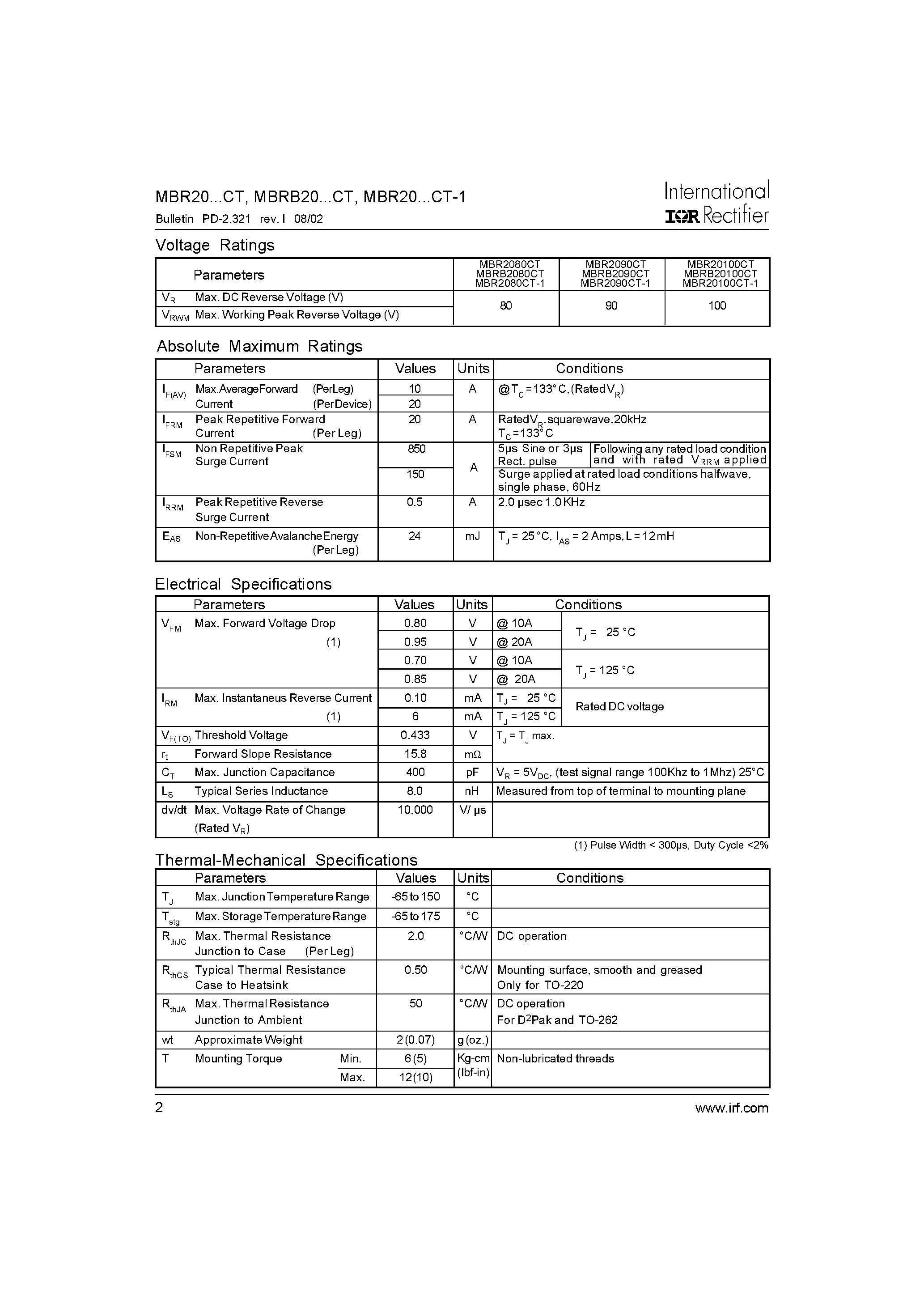 Datasheet MBR20080CT - SCHOTTKY RECTIFIER page 2