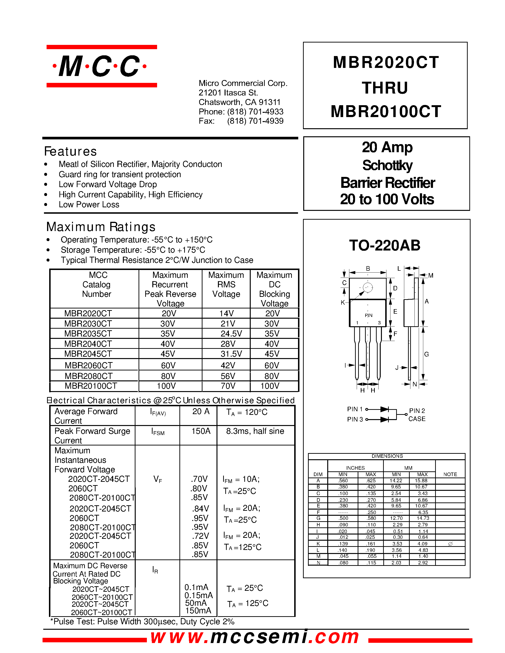 Даташит MBR20100CT - 20 Amp Schottky Barrier Rectifier 20 to 100 Volts страница 1