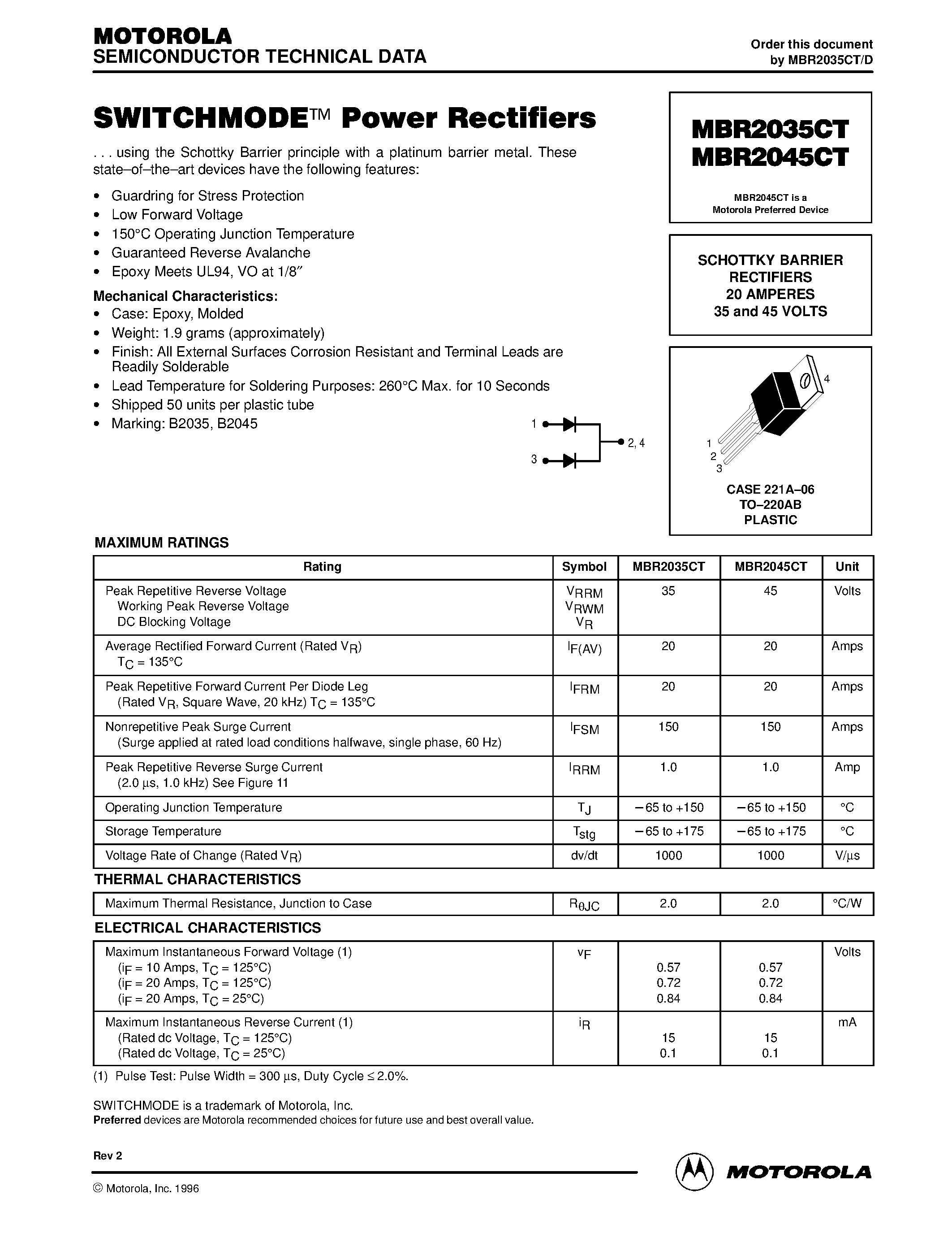 Datasheet MBR2045CT page 1 Datasheet MBR2045CT - SWITCHMODE Power Rectifiers page 1