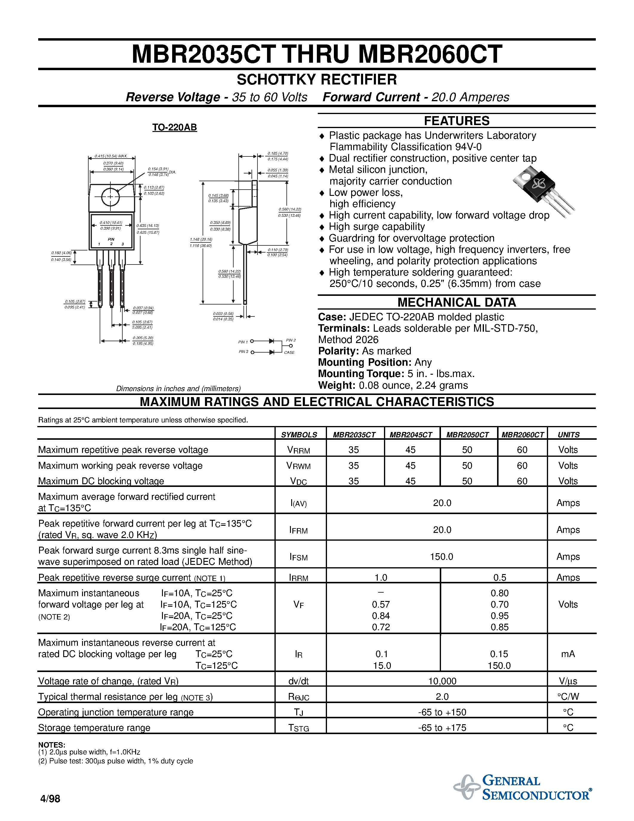 Даташит MBR2045CT - SCHOTTKY RECTIFIER страница 1