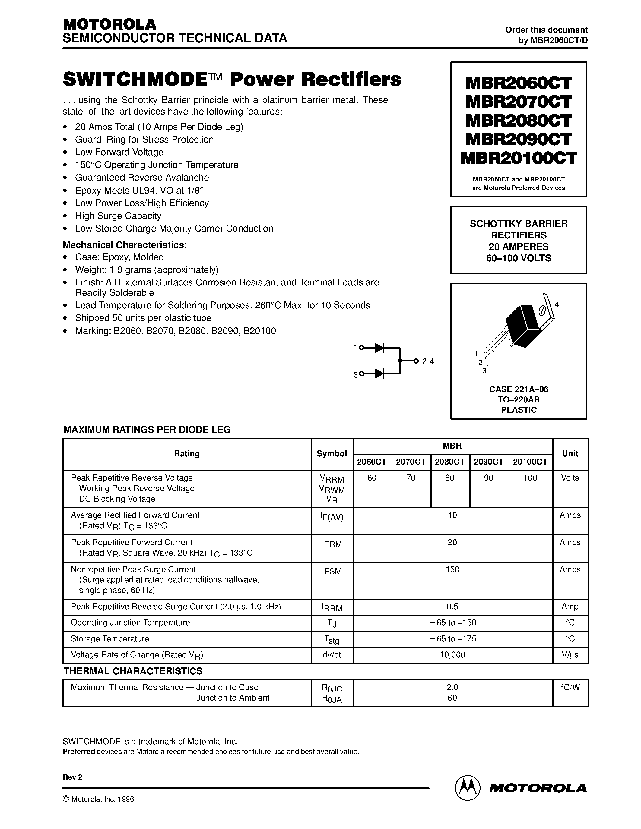 Datasheet MBR2060CT page 1 Datasheet MBR2060CT - SWITCHMODE Power Rectifiers page 1