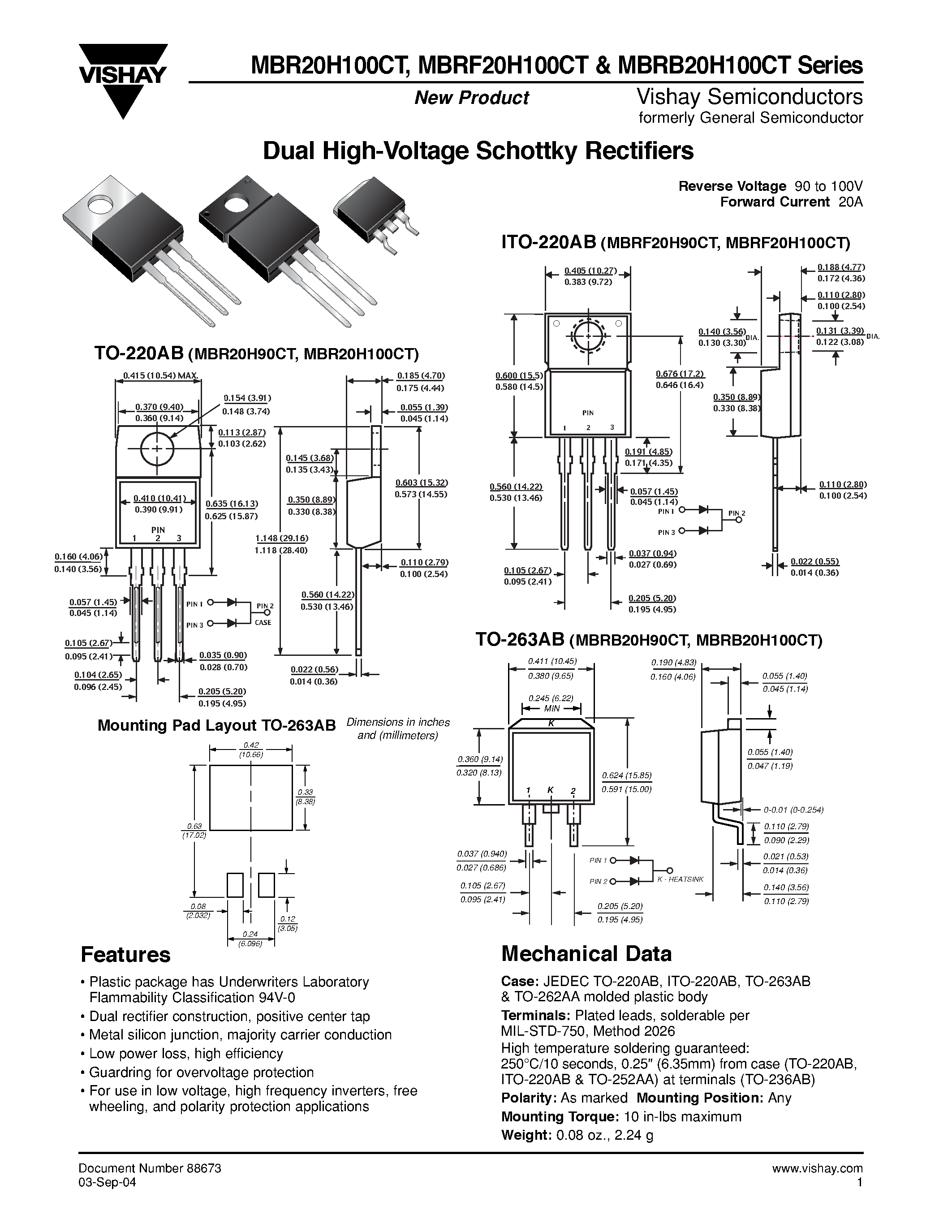 Datasheet MBR20H100CT - Dual High-Voltage Schottky Rectifiers page 1