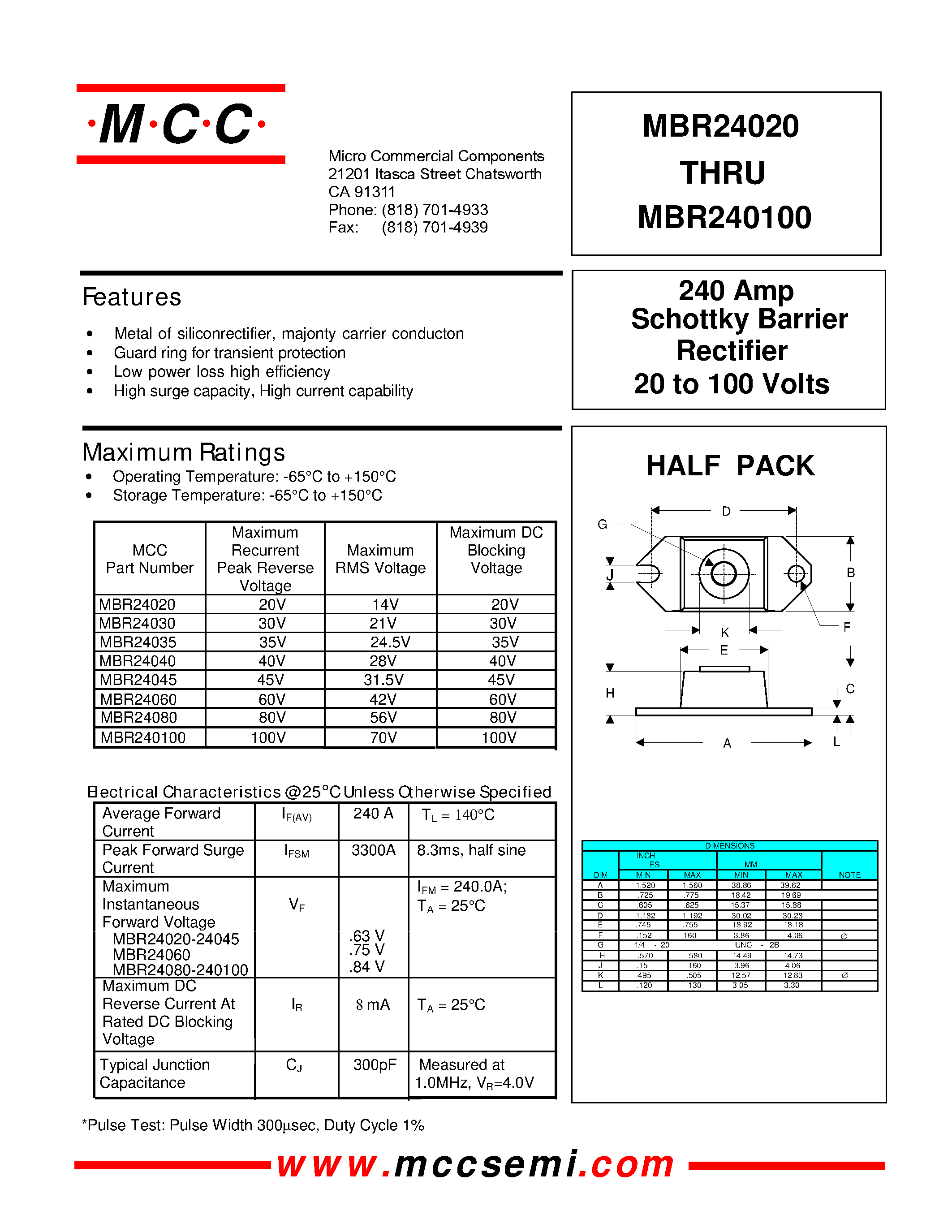 Даташит MBR24040 - 240 Amp Rectifier 20 to 100 Volts Schottky Barrier страница 1