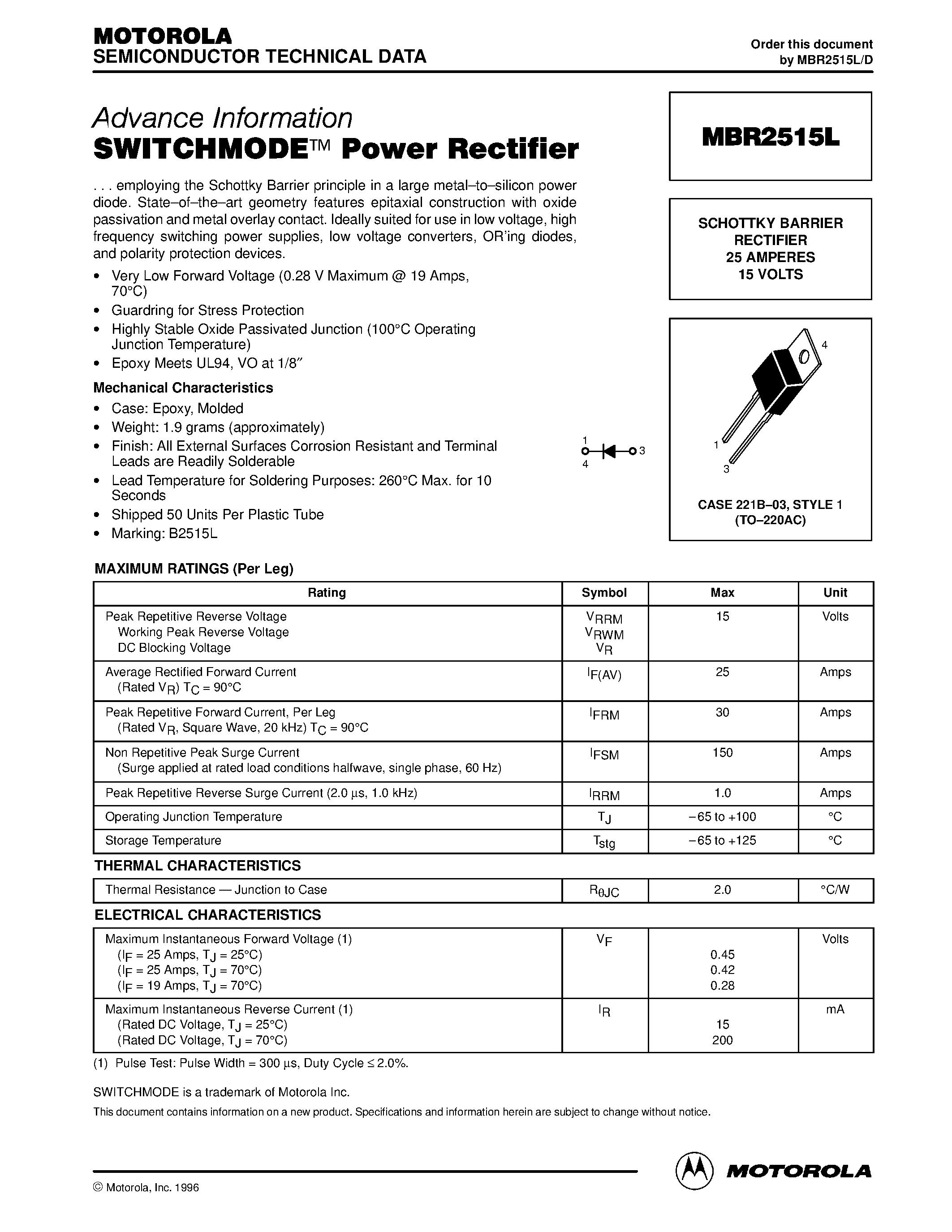 Даташит на микросхему MBR2515L страница 1 Даташит MBR2515L - SWITCHMODE Power Rectifier страница 1