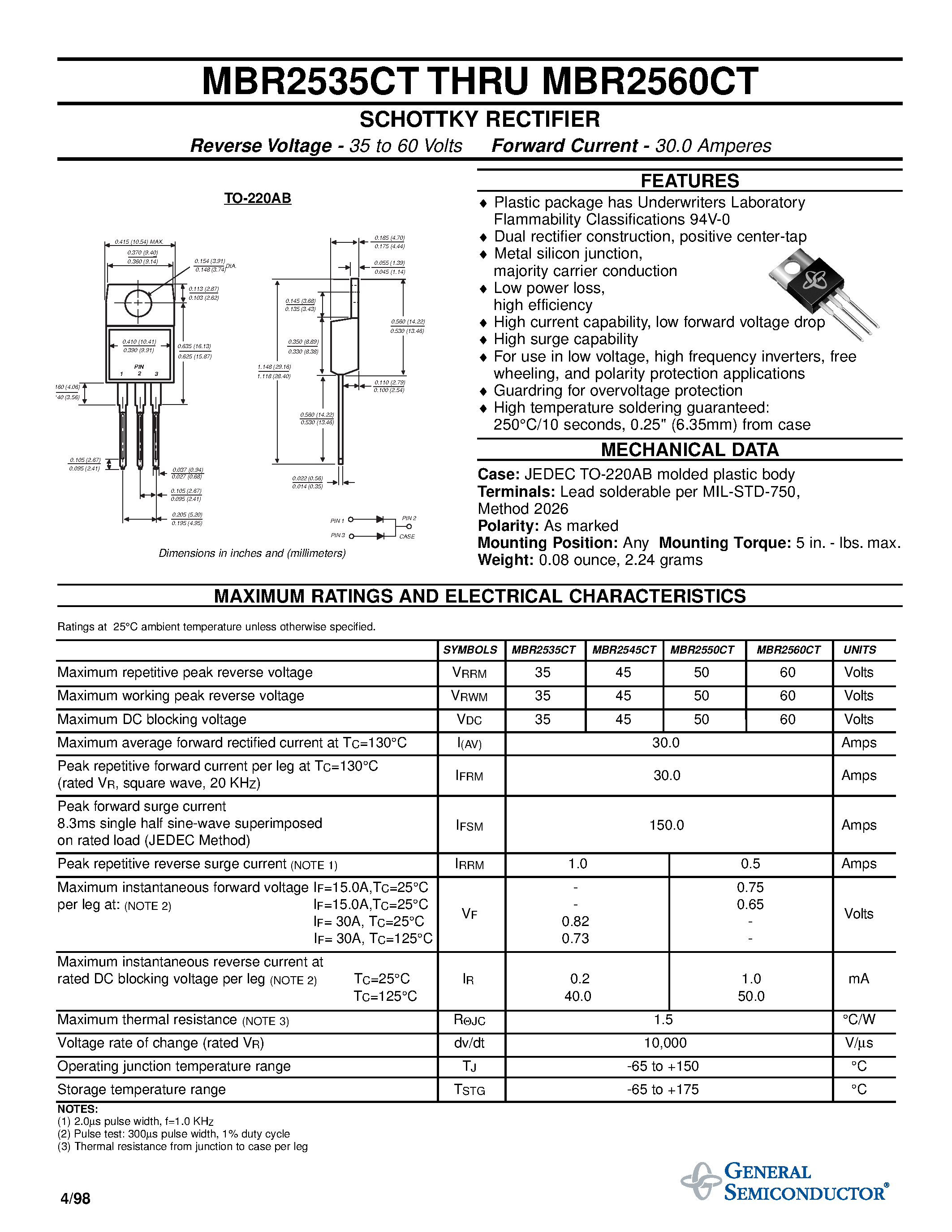 Даташит MBR2535CT - SCHOTTKY RECTIFIER страница 1