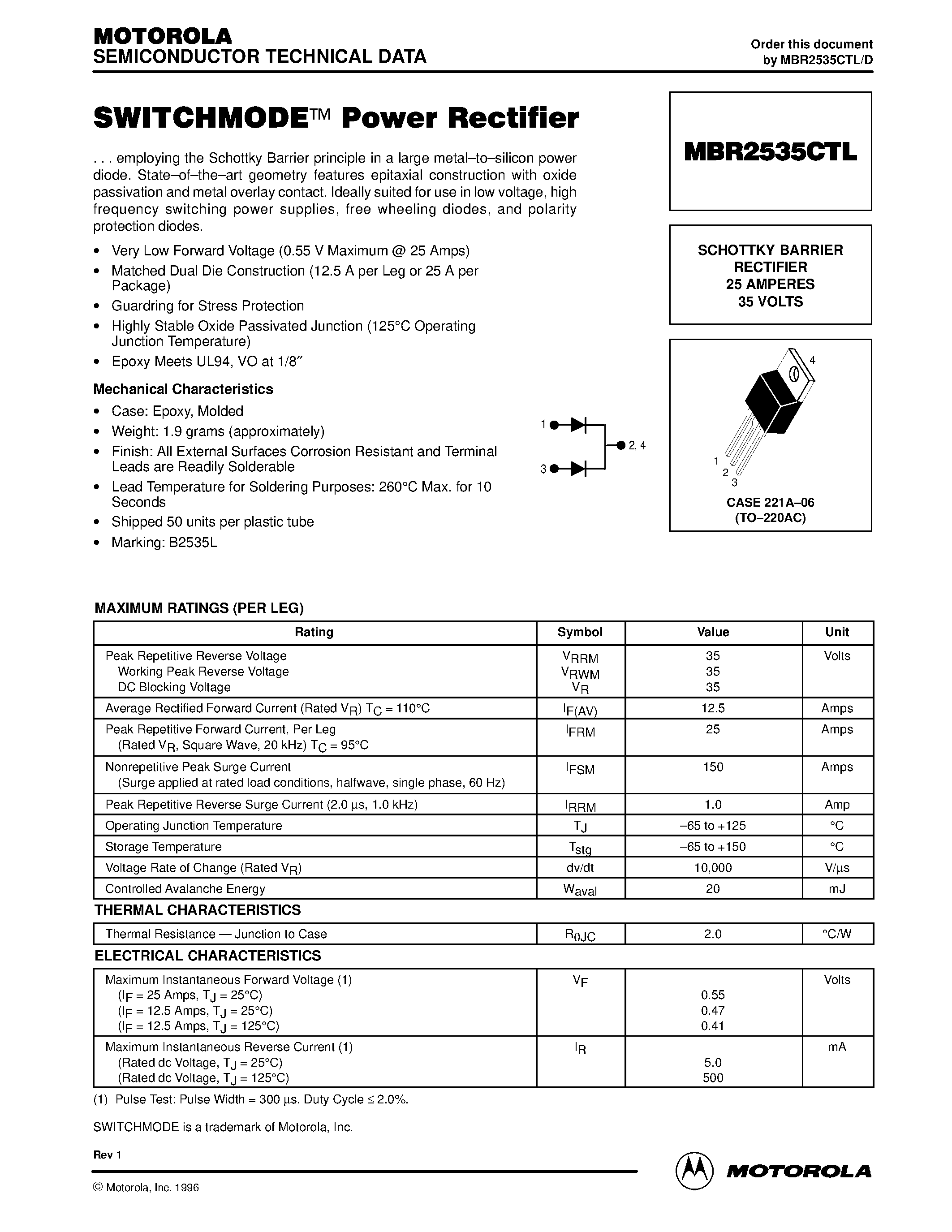 Даташит на микросхему MBR2535CTL страница 1 Даташит MBR2535CTL - SWITCHMODE Power Rectifier страница 1