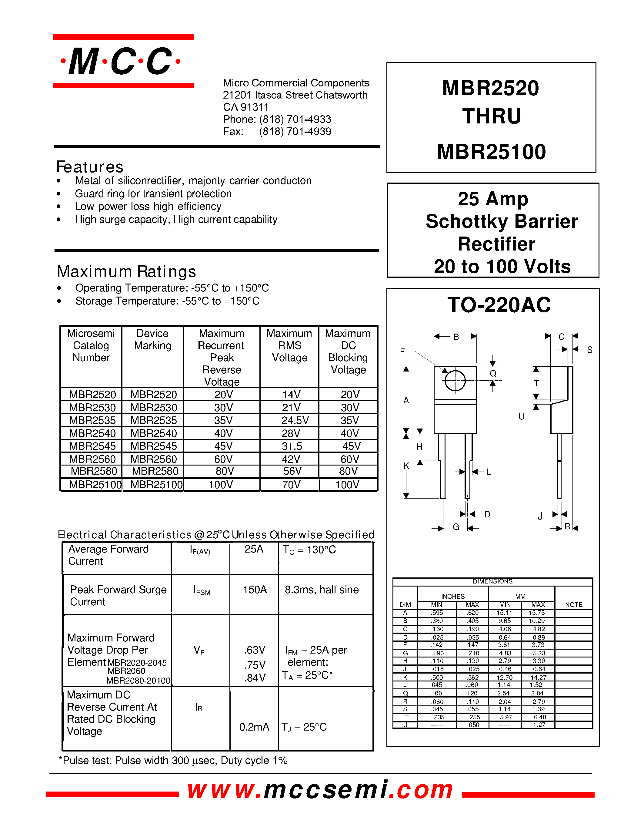 Даташит MBR2540 - 25 Amp Schottky Barrier Rectifier 20 to 100 Volts страница 1