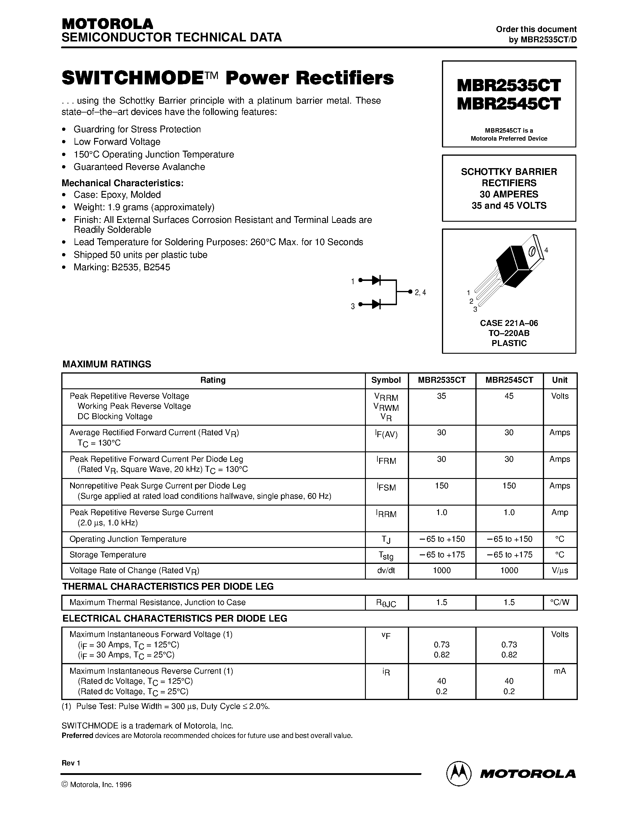 Datasheet MBR2545 page 1 Datasheet MBR2545 - SWITCHMODE Power Rectifiers page 1