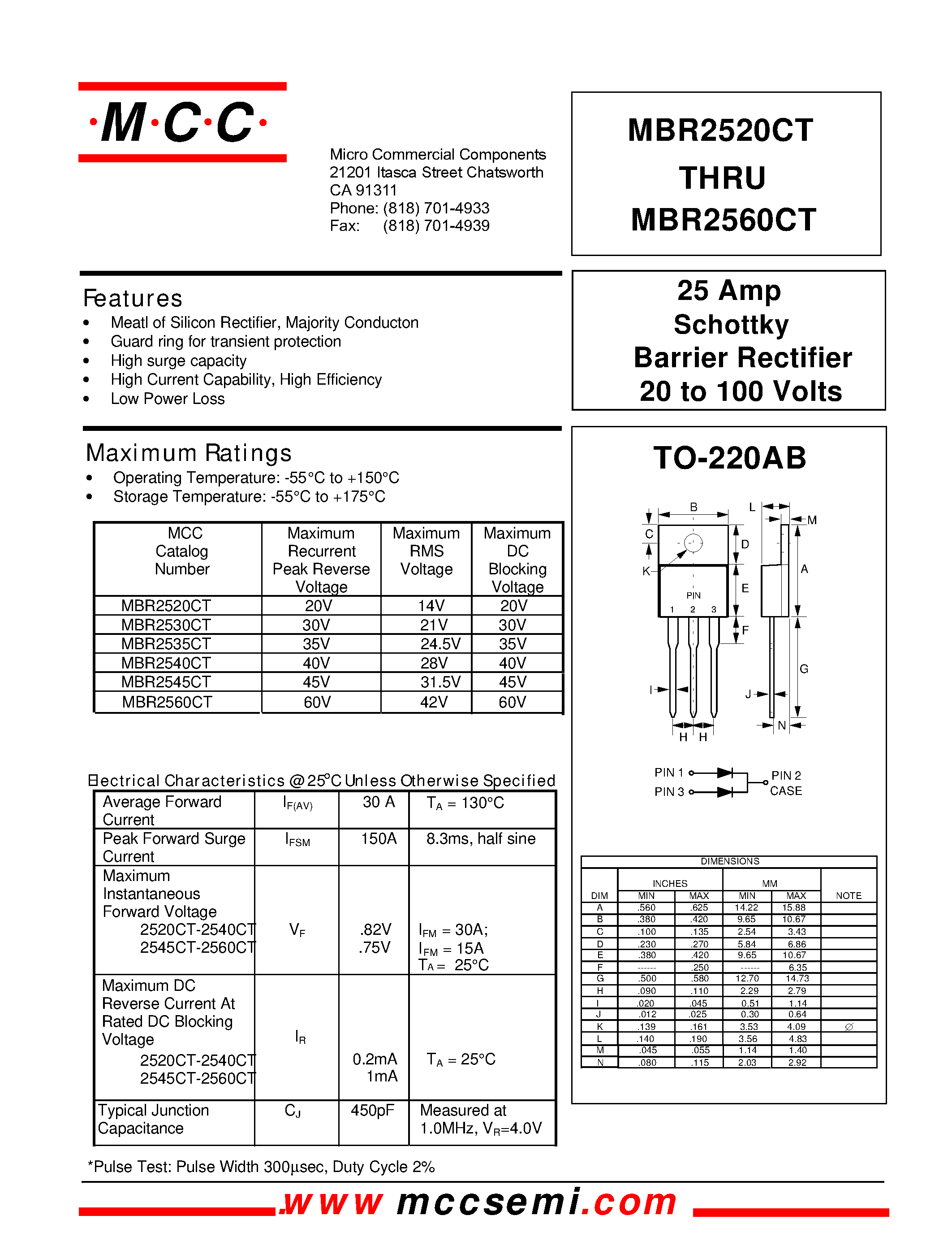 Даташит MBR2545CT - 25 Amp Schottky Barrier Rectifier 20 to 100 Volts страница 1