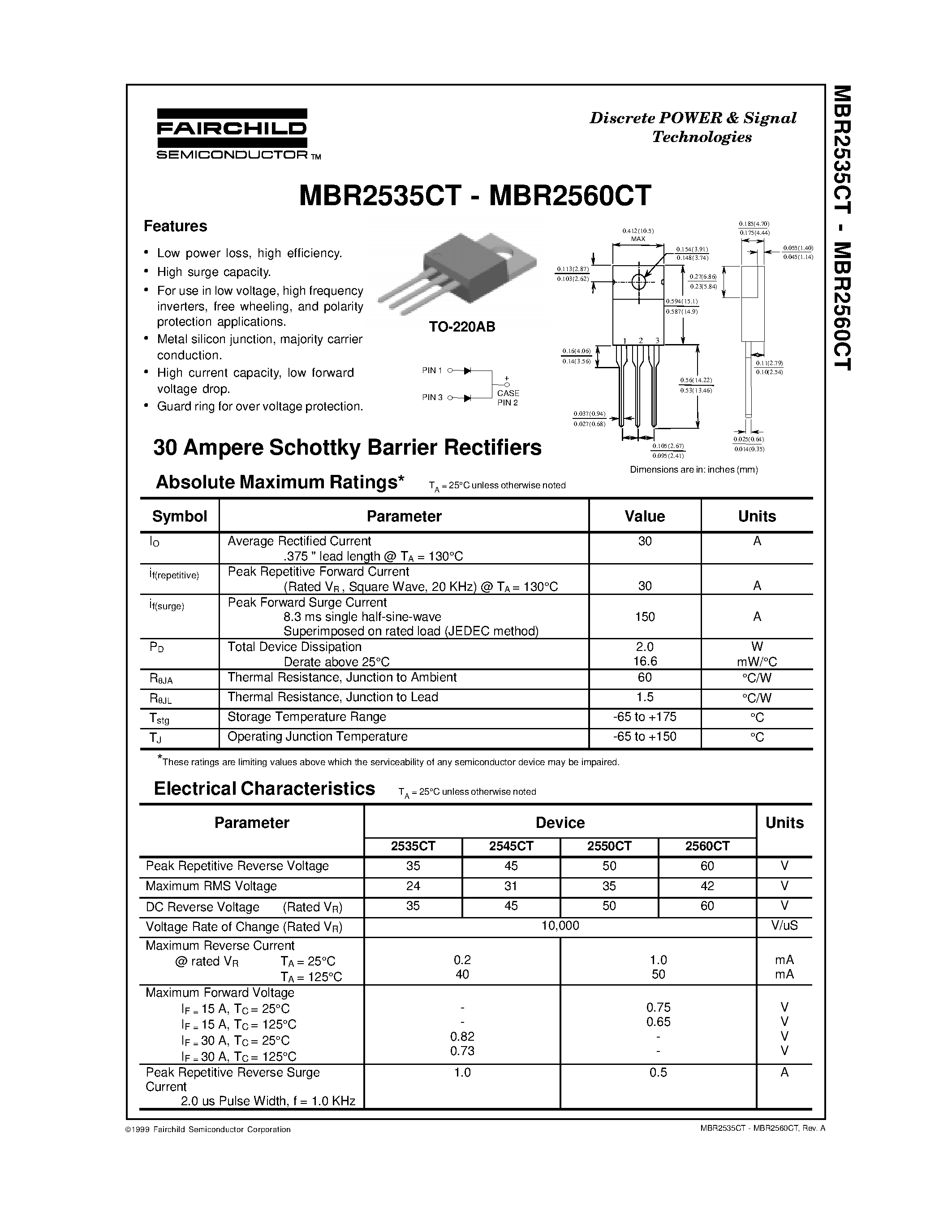 Datasheet MBR2560CT page 1 Datasheet MBR2560CT - 30 Ampere Schottky Barrier Rectifiers page 1