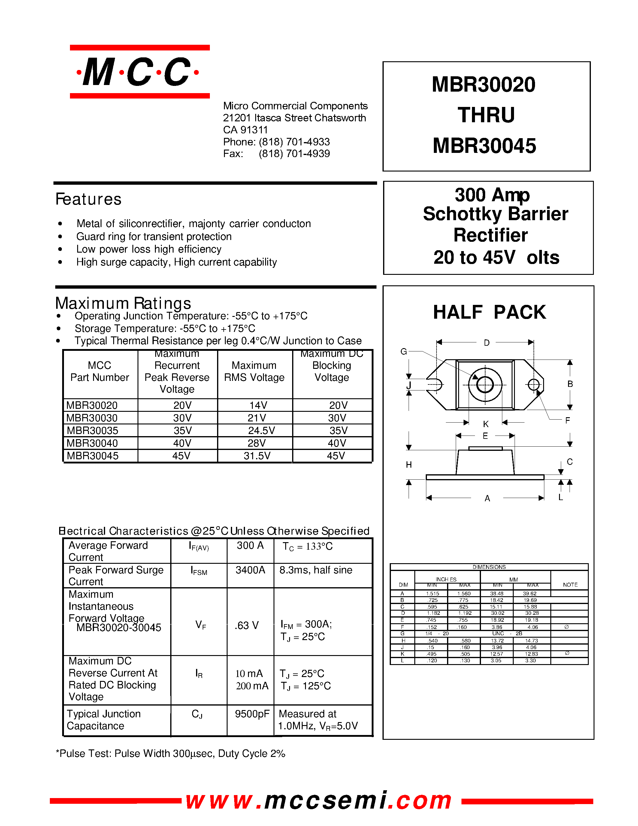Даташит MBR30030 - 300 Amp Rectifier 20 to 45V olts Schottky Barrier страница 1