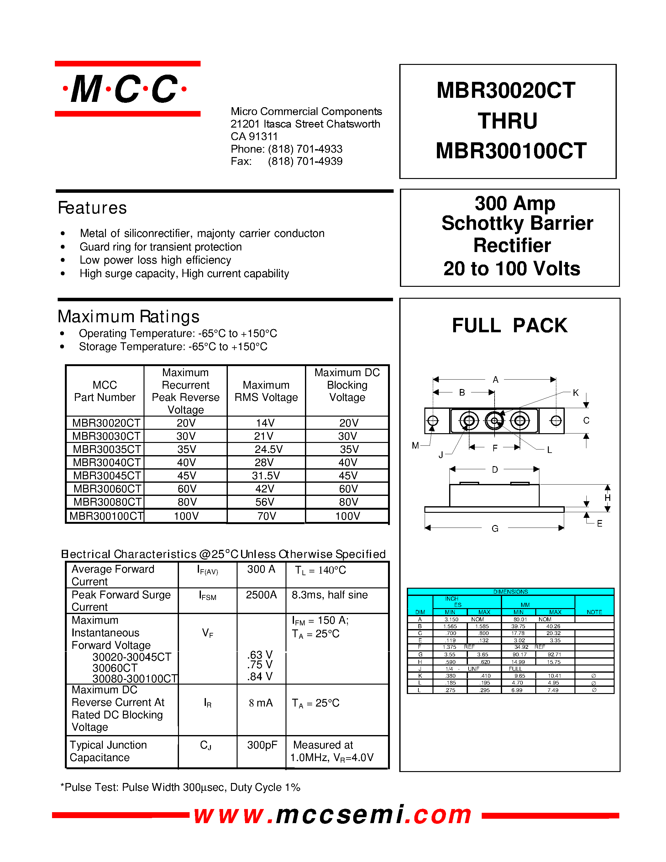 Даташит MBR30035CT - 300 Amp Rectifier 20 to 100 Volts Schottky Barrier страница 1