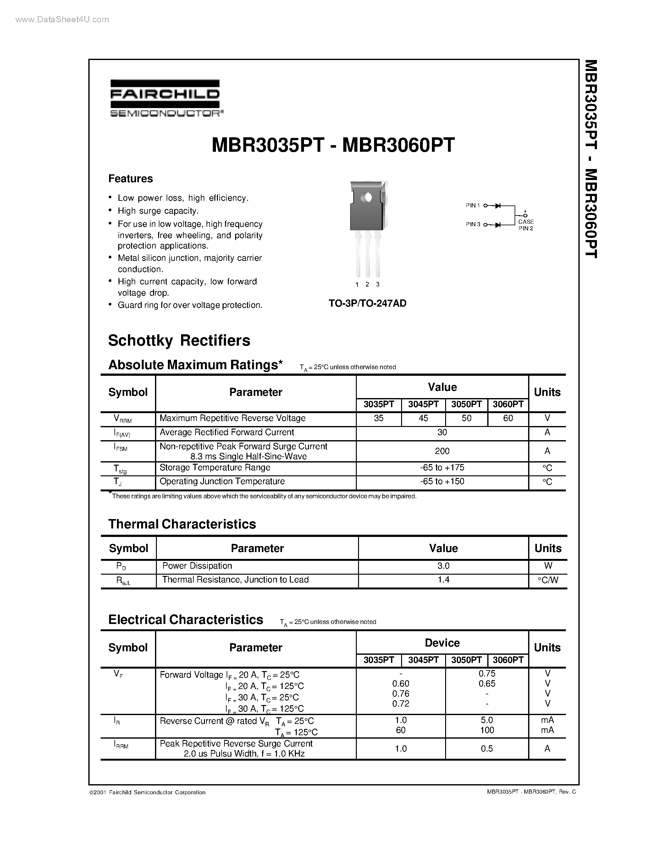 Datasheet MBR3035PT page 1 Datasheet MBR3035PT - 30 Ampere Schottky Barrier Rectifiers page 1