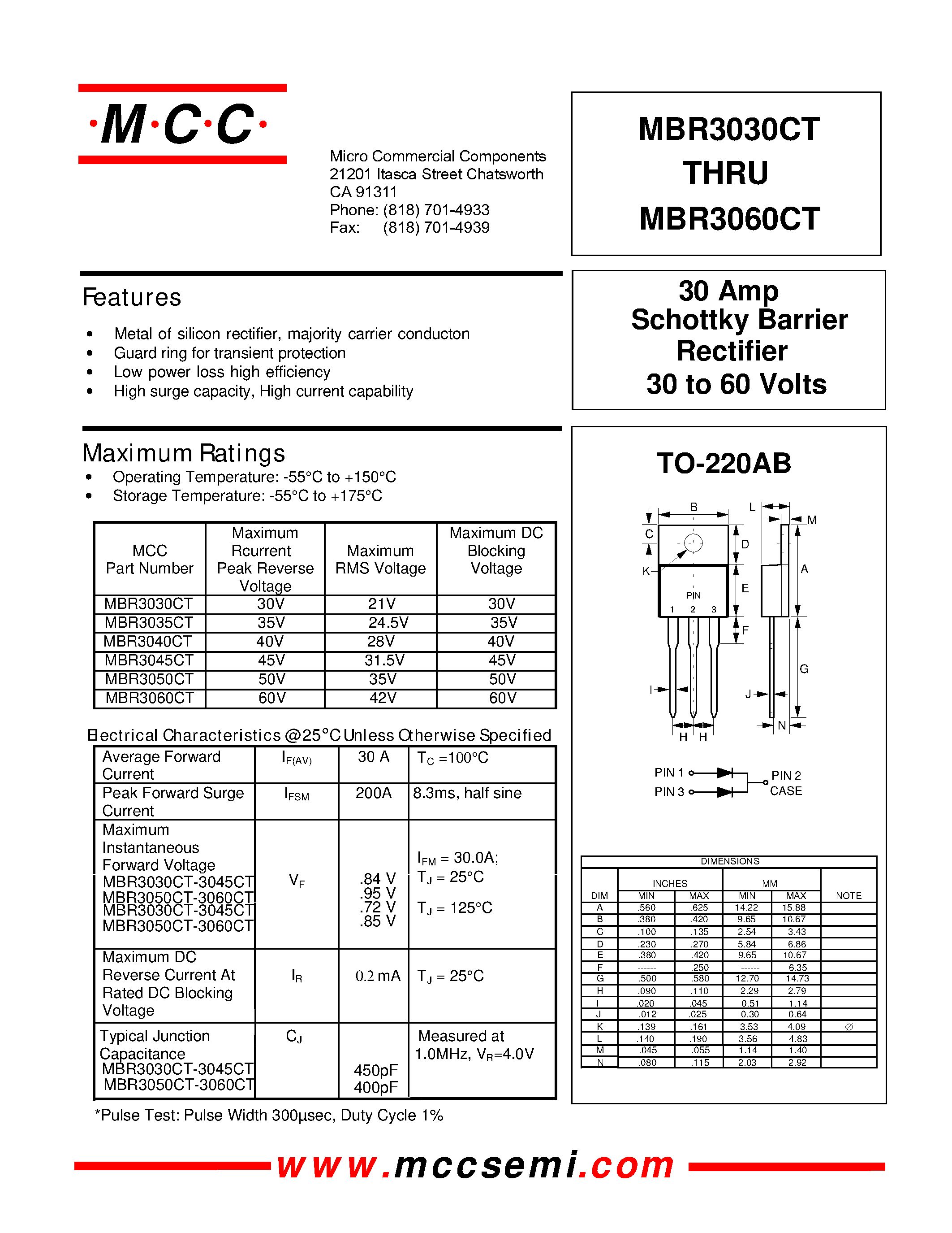 Даташит MBR3045CT - 30 Amp Rectifier 30 to 60 Volts Schottky Barrier страница 1
