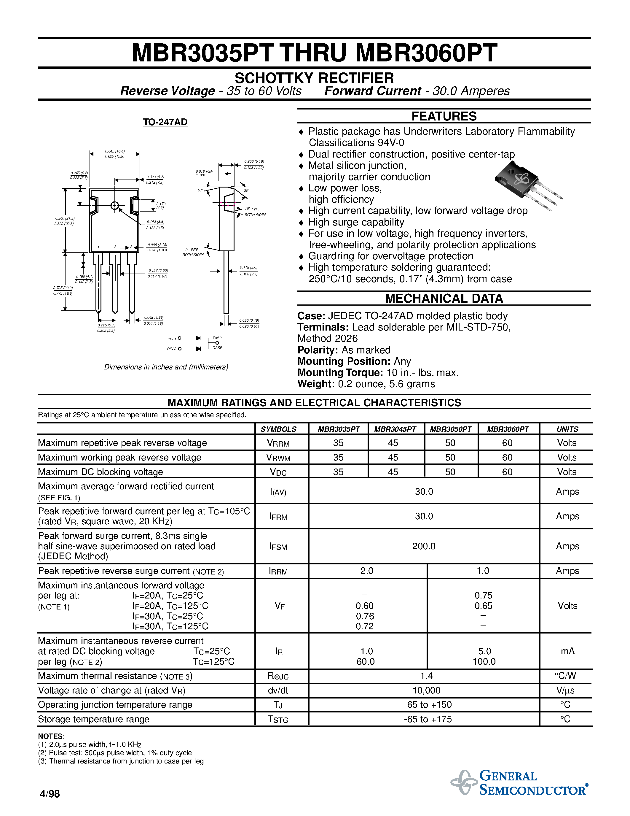 Даташит MBR3045PT - SCHOTTKY RECTIFIER страница 1