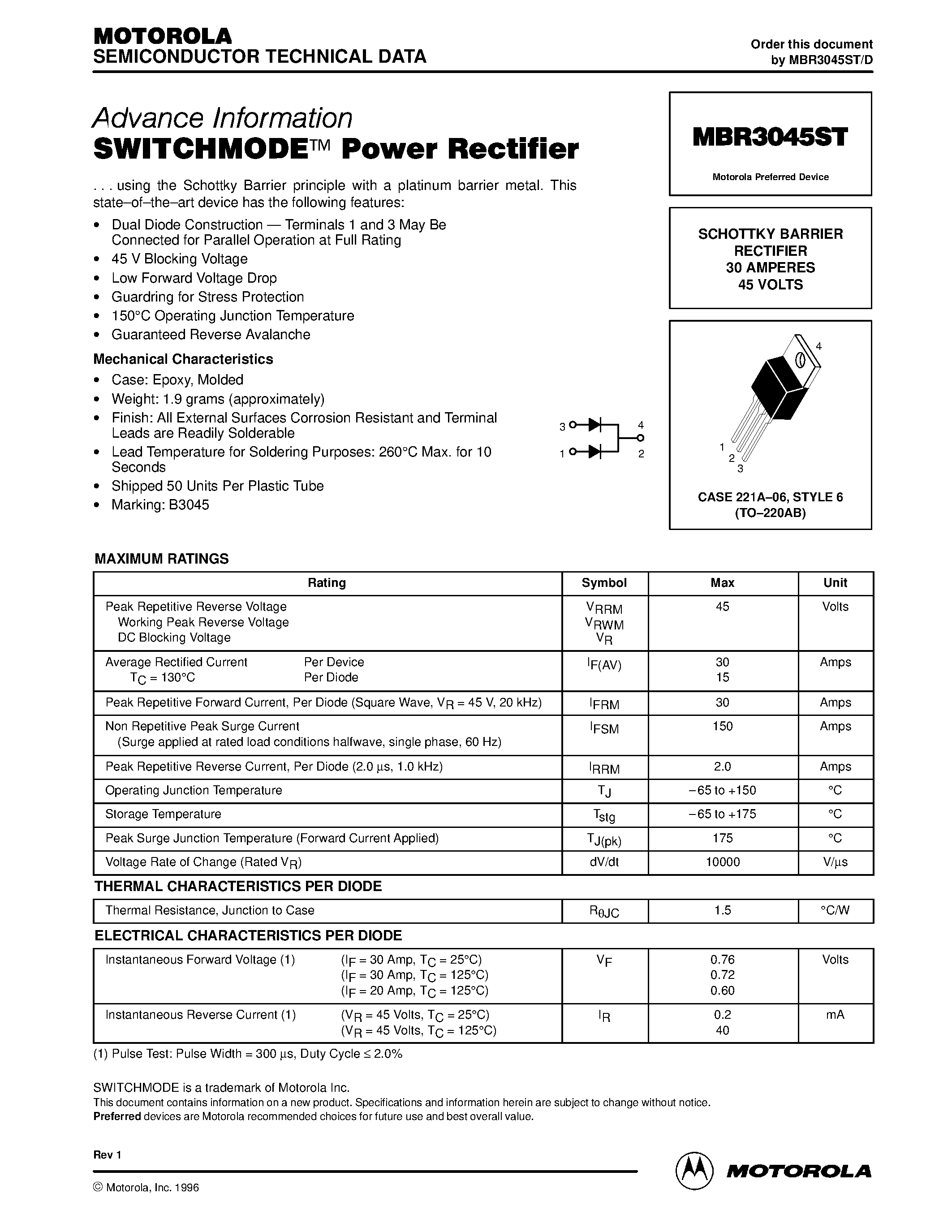 Даташит MBR3045ST - SWITCHMODE Power Rectifier страница 1
