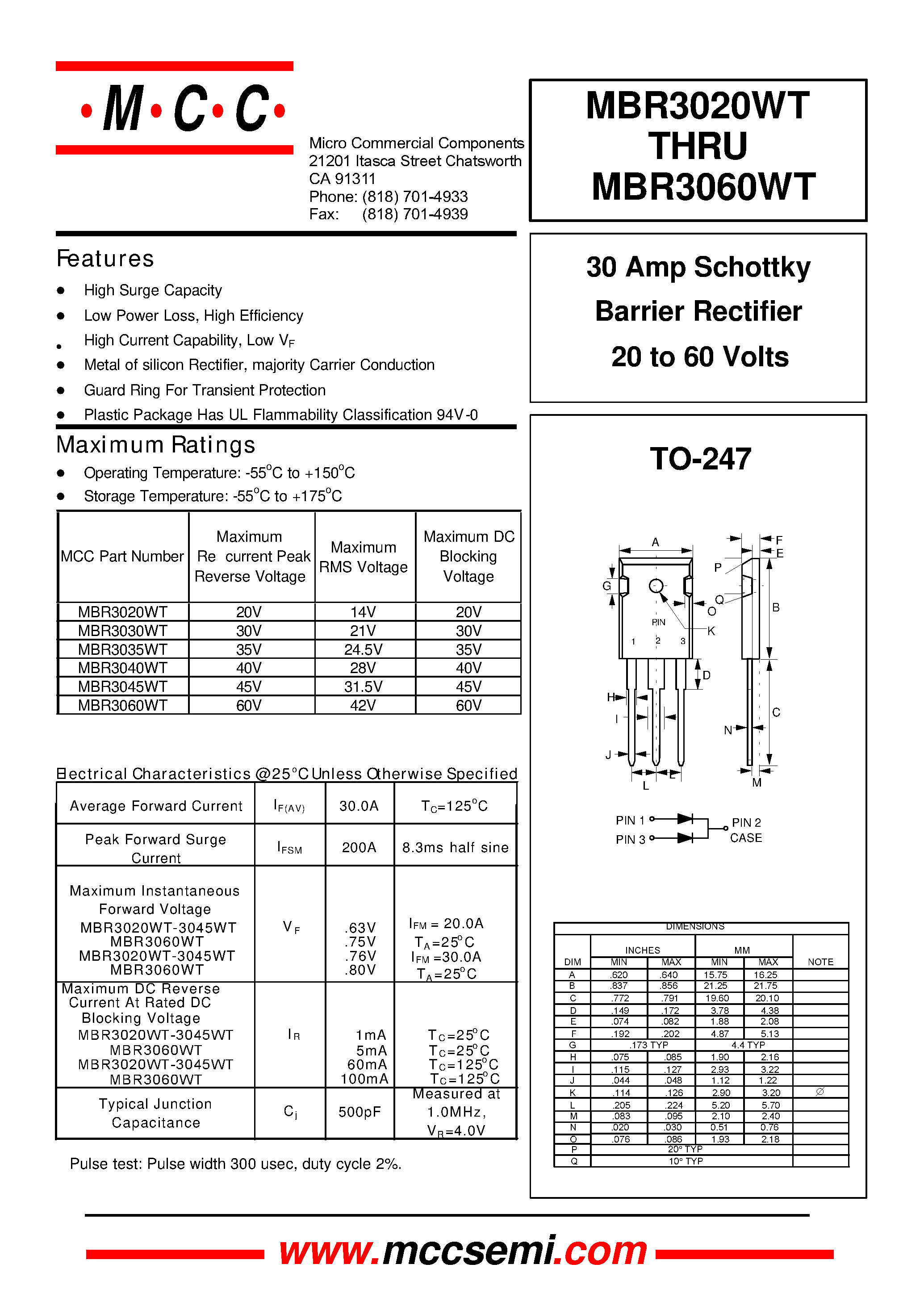Даташит MBR3045WT - 30 Amp Schottky Barrier Rectifier 20 to 60 Volts страница 1