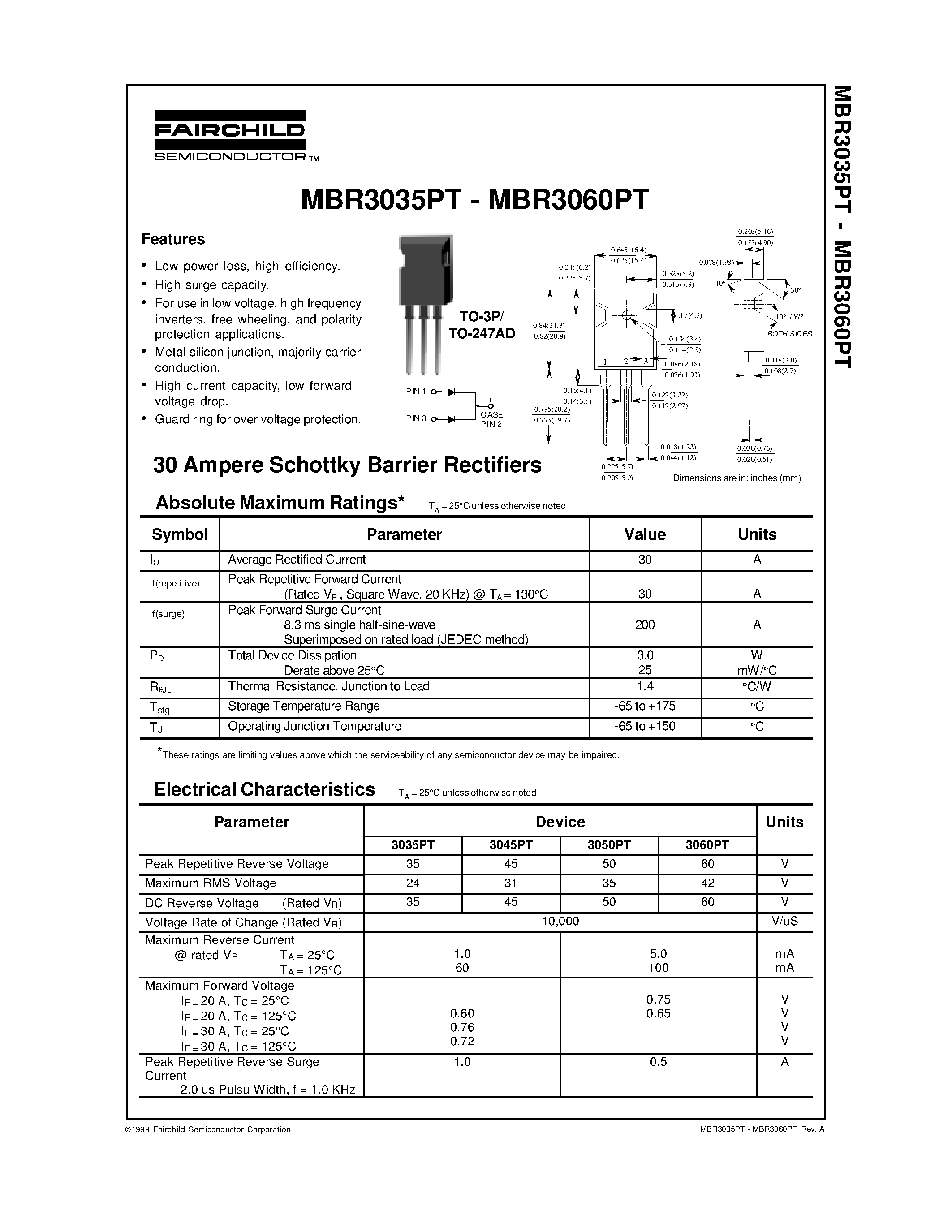 Datasheet MBR3050 - 30 Ampere Schottky Barrier Rectifiers page 1