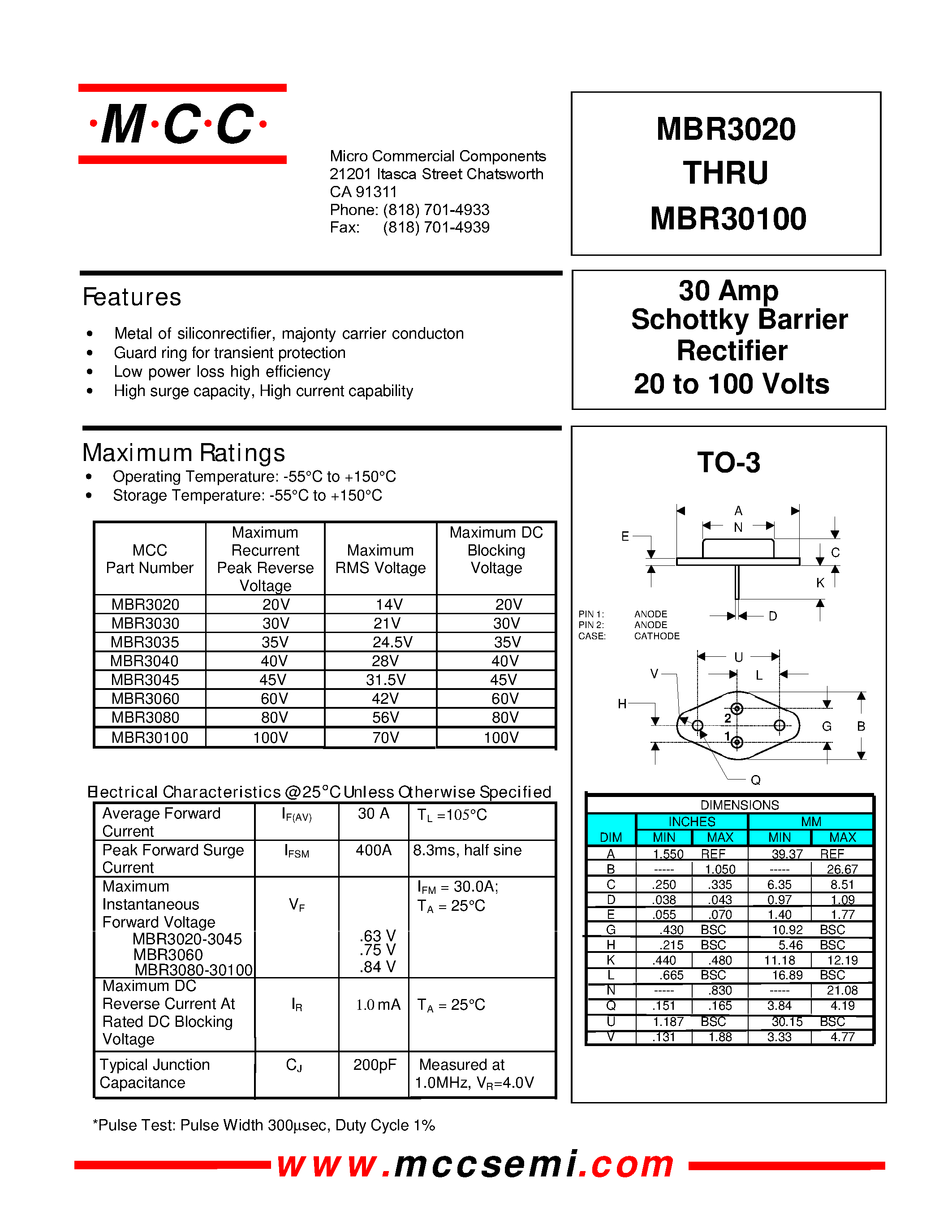 Даташит MBR3080 - 30 Amp Rectifier 20 to 100 Volts Schottky Barrier страница 1