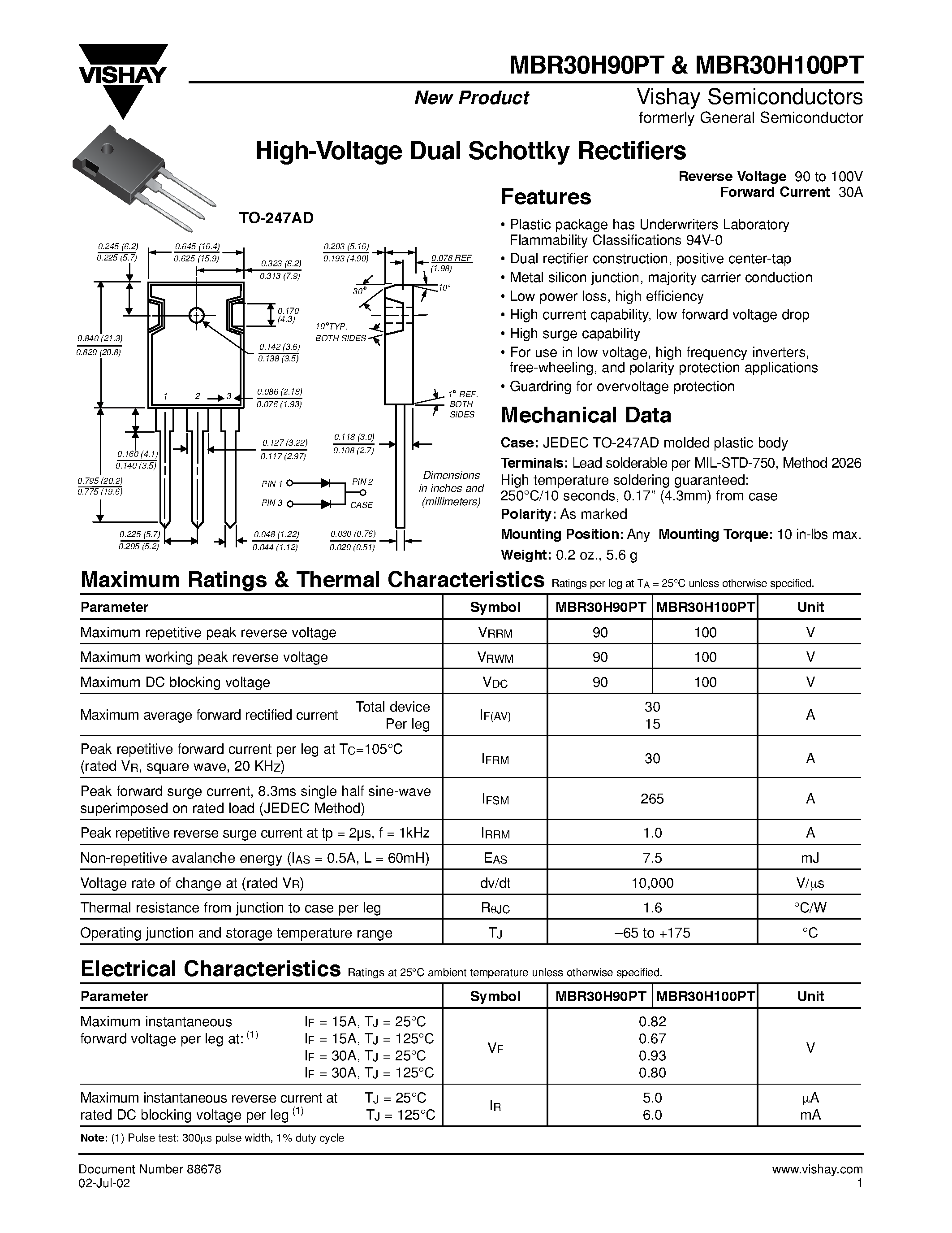 Datasheet MBR30H90PT page 1 Datasheet MBR30H90PT - High-Voltage Dual Schottky Rectifiers page 1