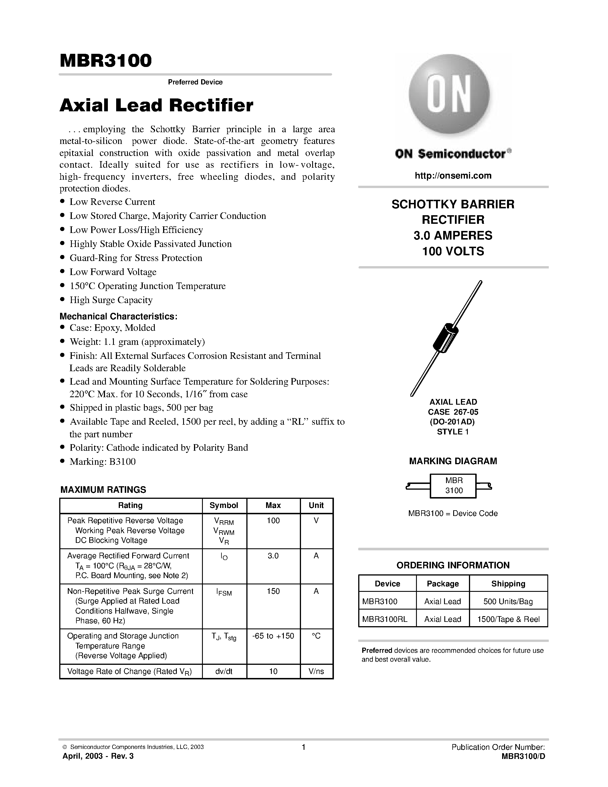Datasheet MBR3100RL - SCHOTTKY BARRIER RECTIFIER 3.0 AMPERES 100 VOLTS page 1