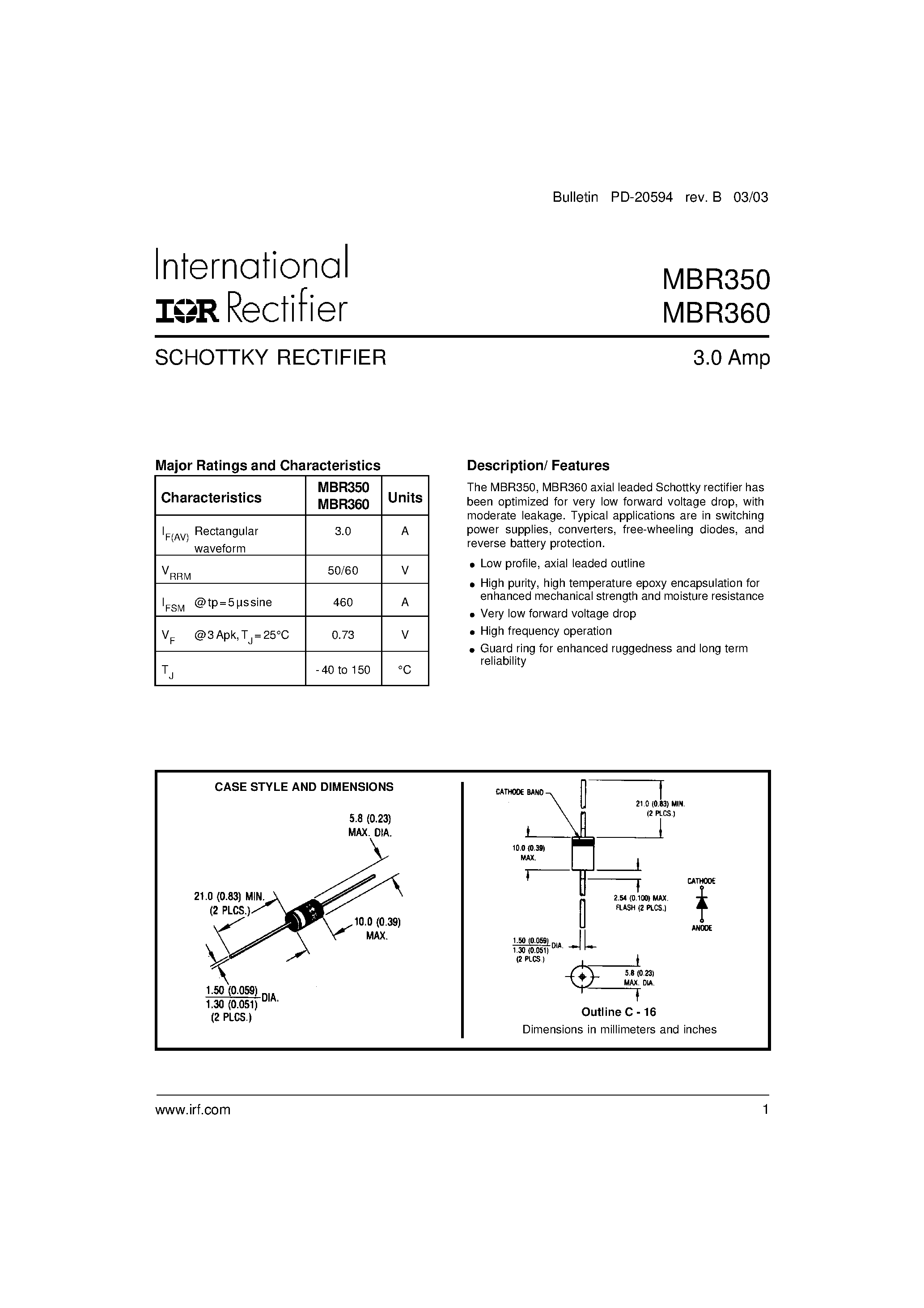 Datasheet MBR340 - SCHOTTKY RECTIFIER page 1