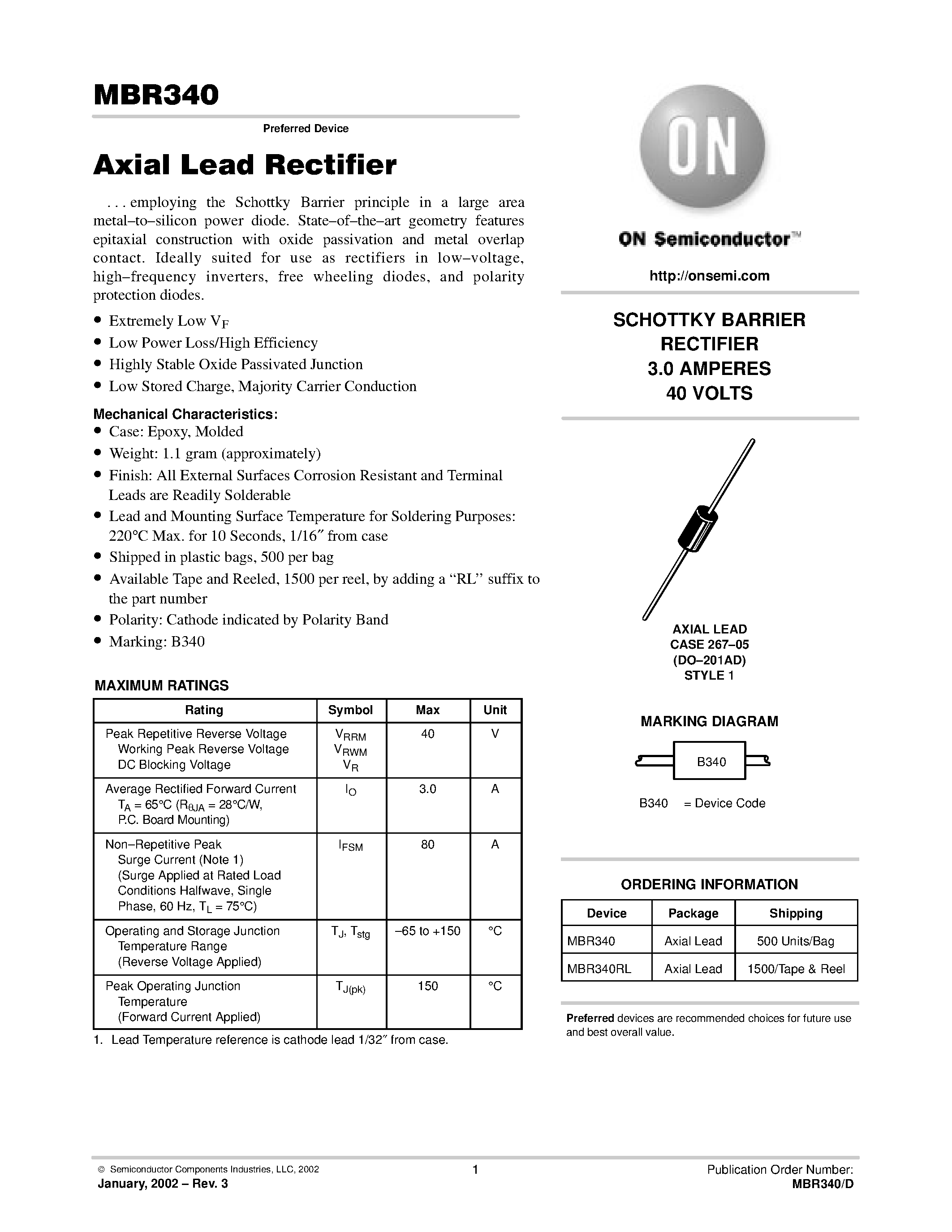 Datasheet MBR340 - SCHOTTKY BARRIER RECTIFIER 3.0 AMPERES 40 VOLTS page 1