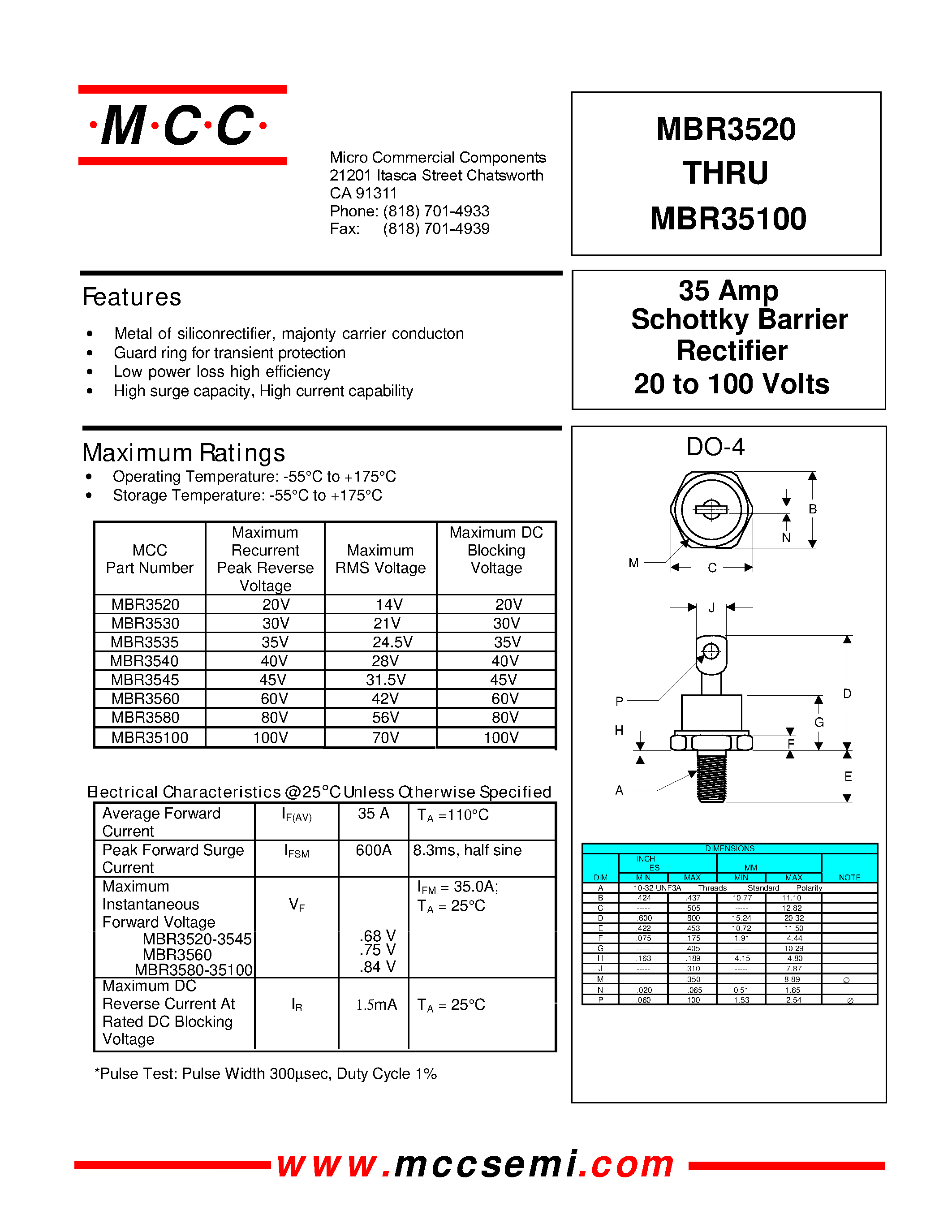 Даташит MBR3545 - 35 Amp Rectifier 20 to 100 Volts Schottky Barrier страница 1
