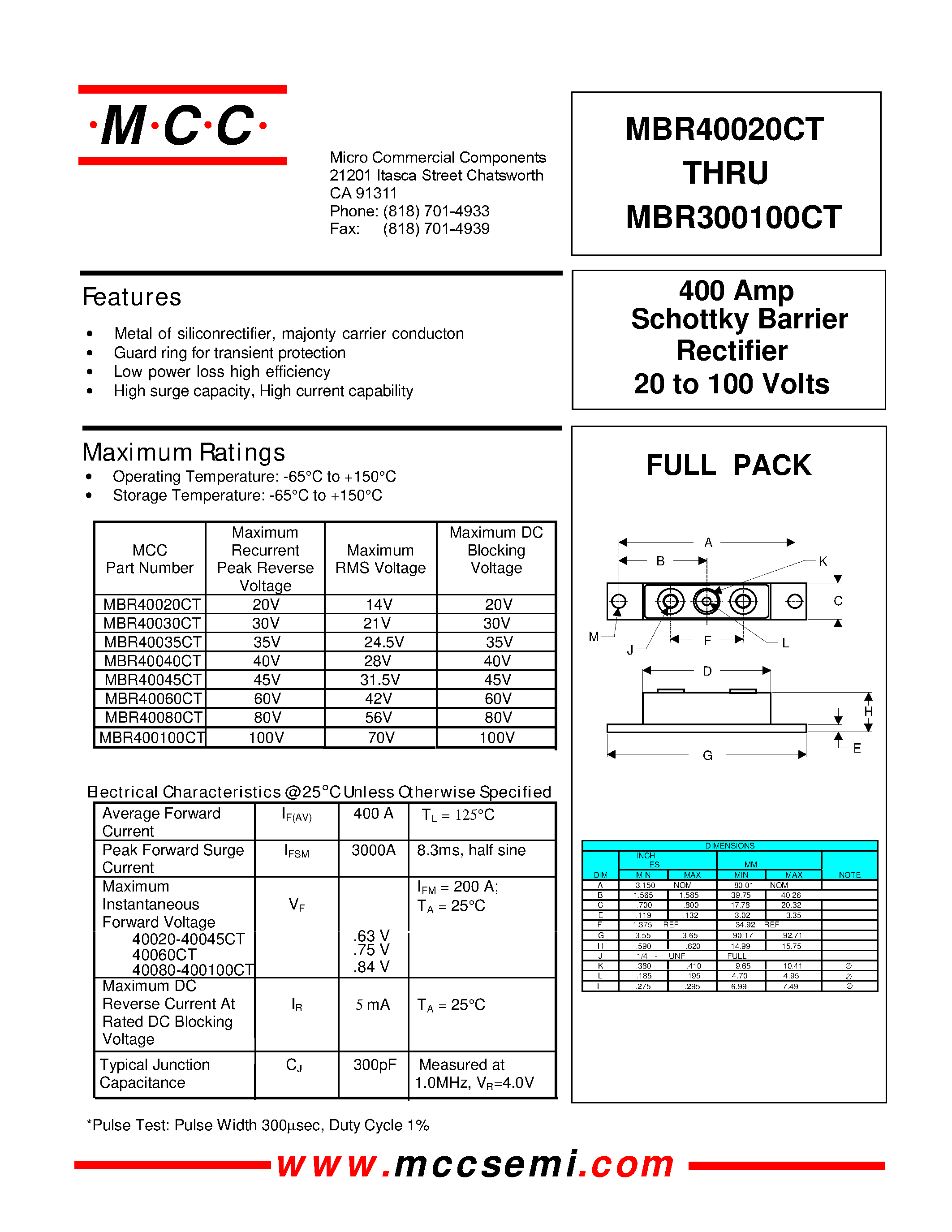 Даташит MBR40030CT - 400 Amp Rectifier 20 to 100 Volts Schottky Barrier страница 1