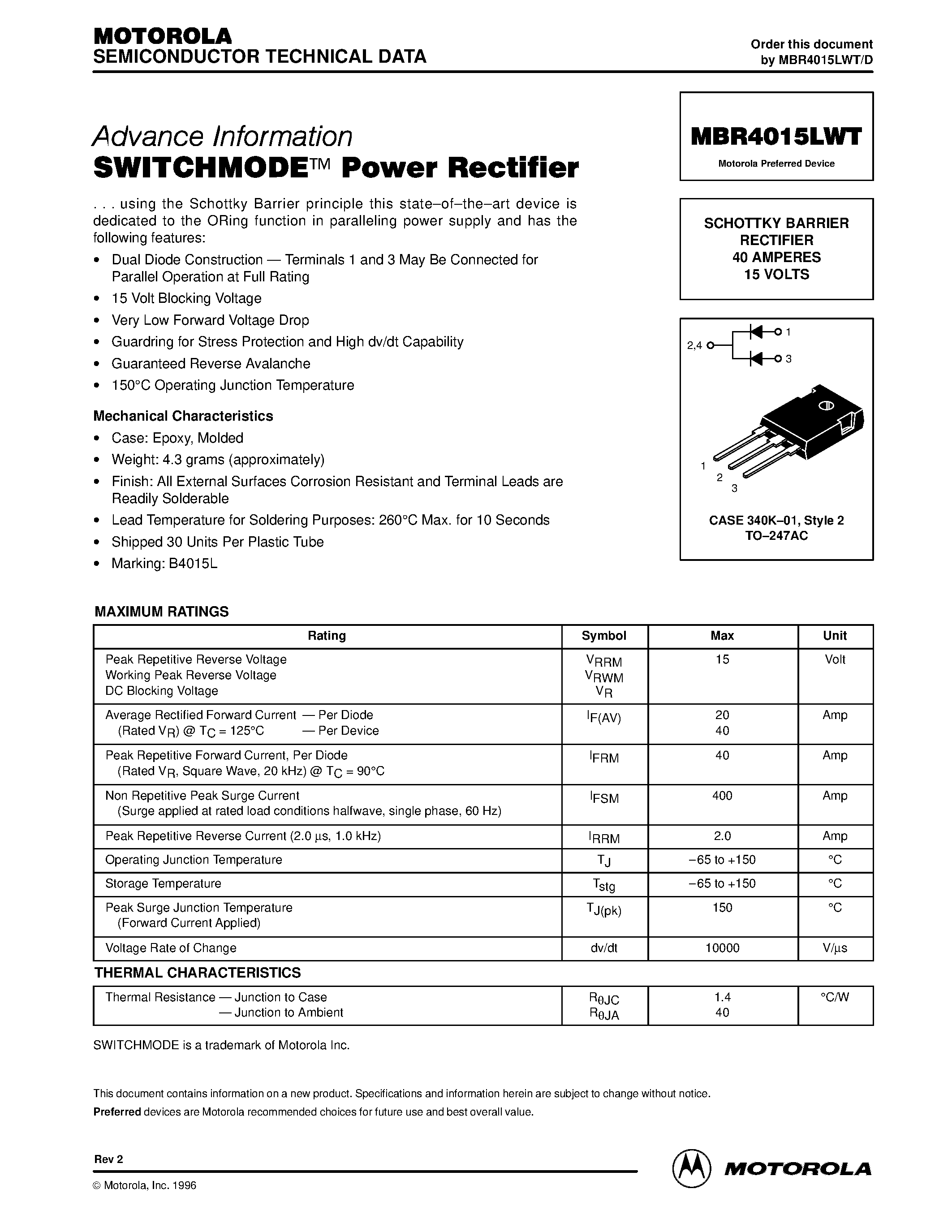 Даташит MBR4015 - SWITCHMODE Power Rectifier страница 1