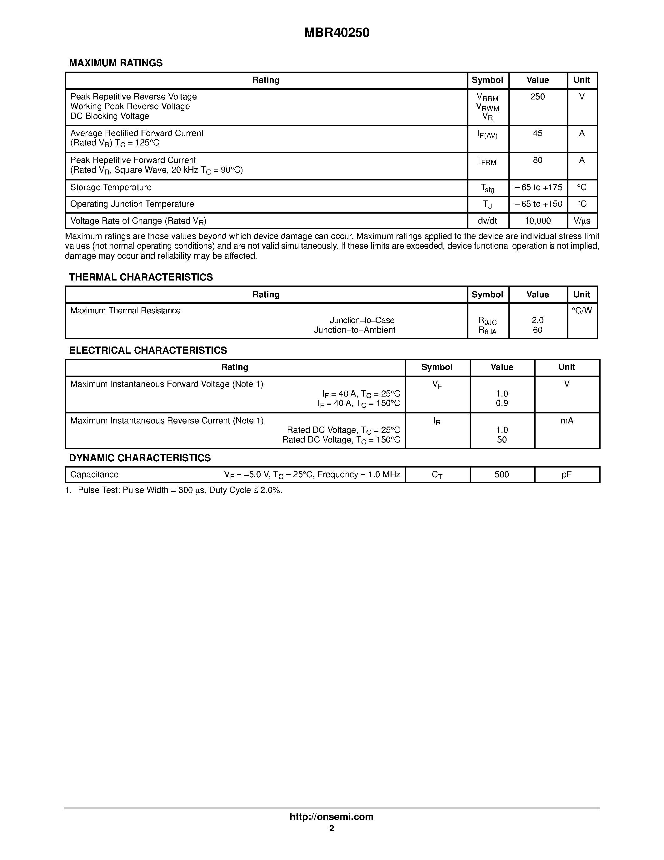 Даташит MBR40250 - 250 V / 40 A SWITCHMODE Schottky Power Rectifier страница 2
