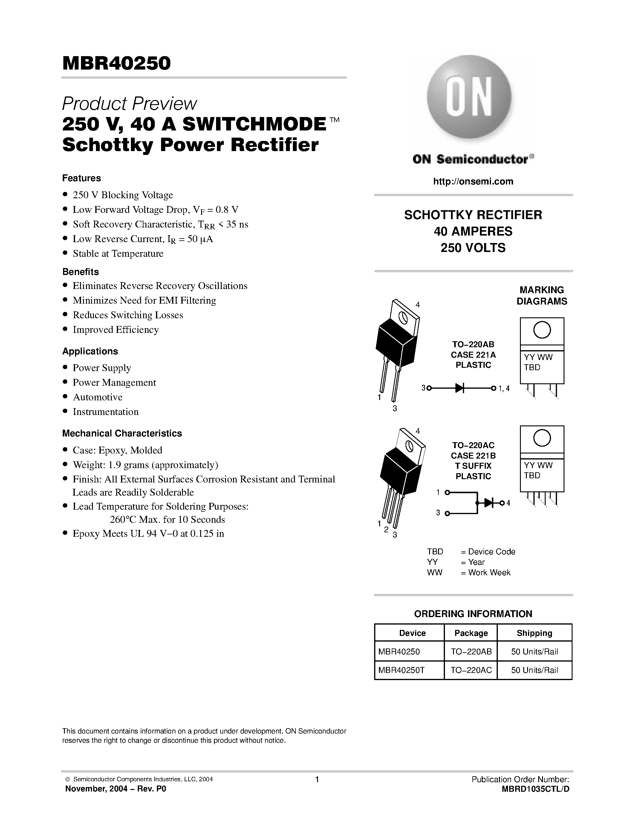 Даташит MBR40250T - 250 V / 40 A SWITCHMODE Schottky Power Rectifier страница 1