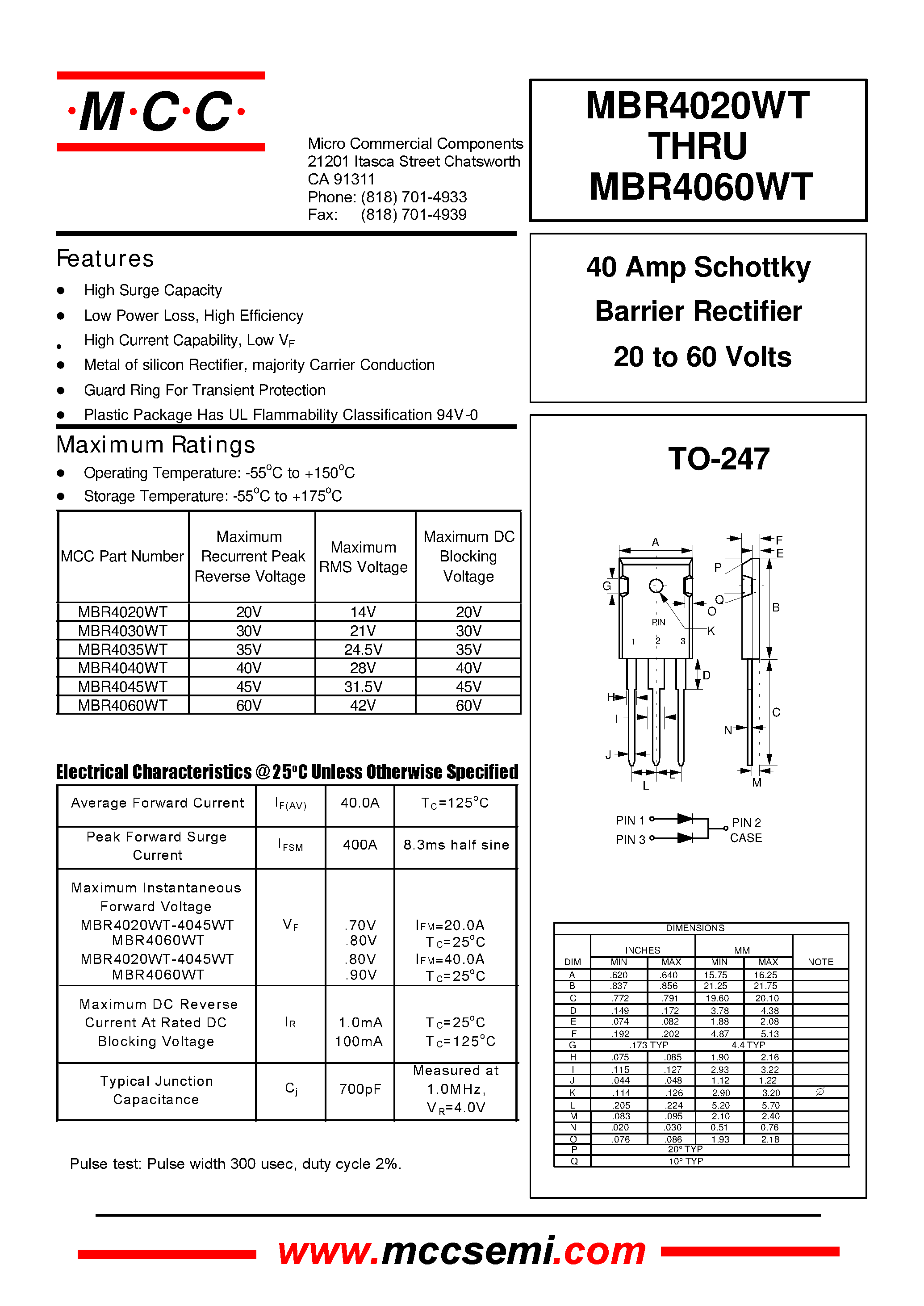 Даташит MBR4035WT - 40 Amp Schottky Barrier Rectifier 20 to 60 Volts страница 1