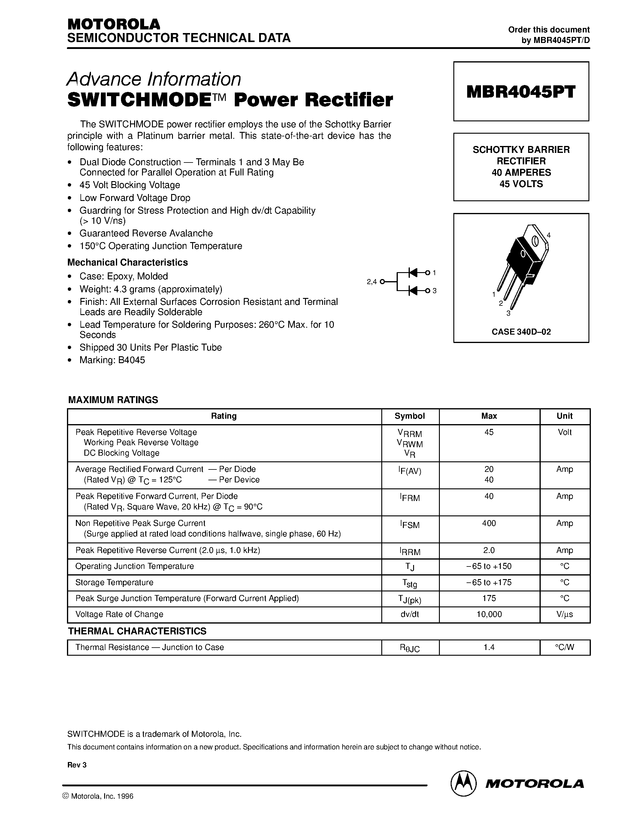 Даташит MBR4045 - SWITCHMODE Power Rectifier страница 1