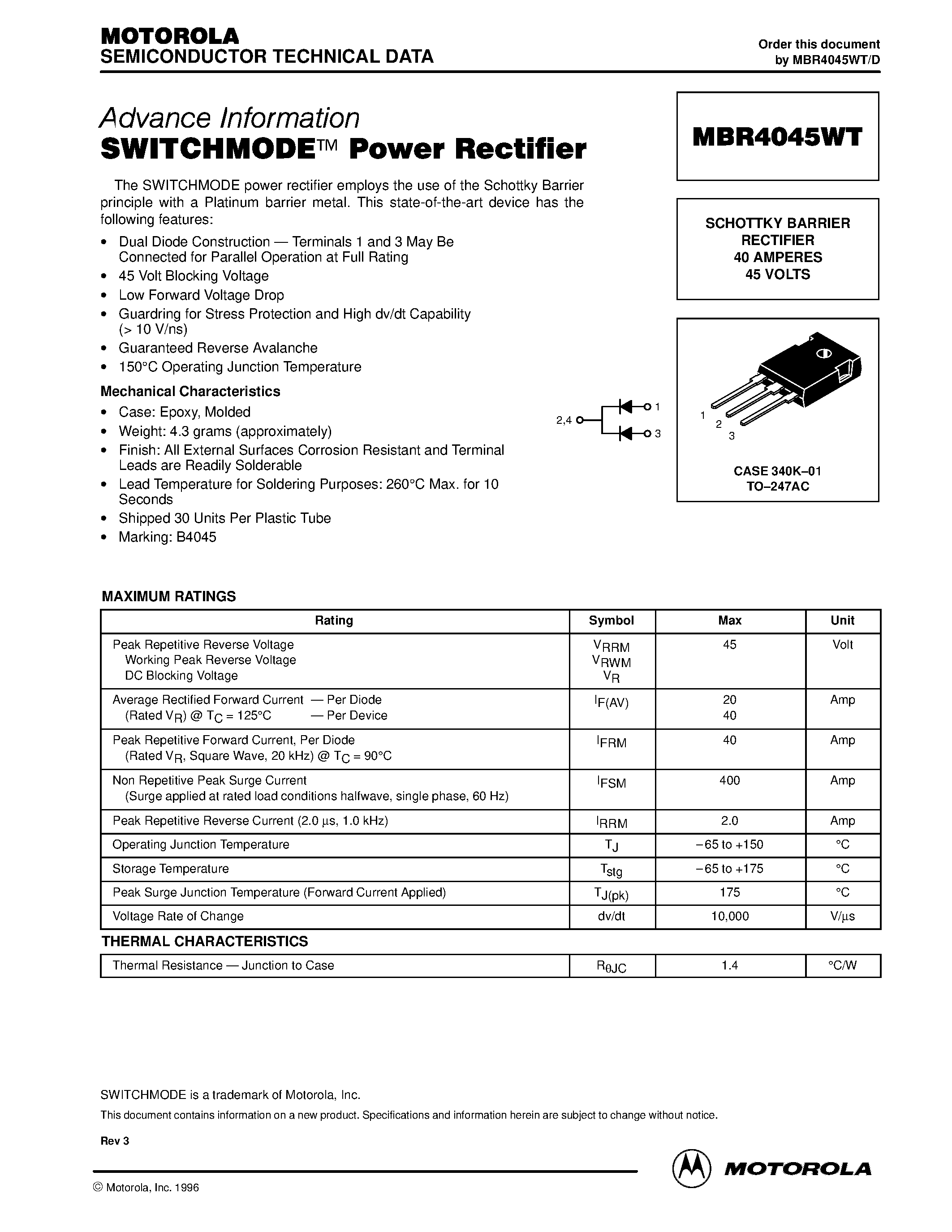 Даташит MBR4045WT - SWITCHMODE Power Rectifier страница 1