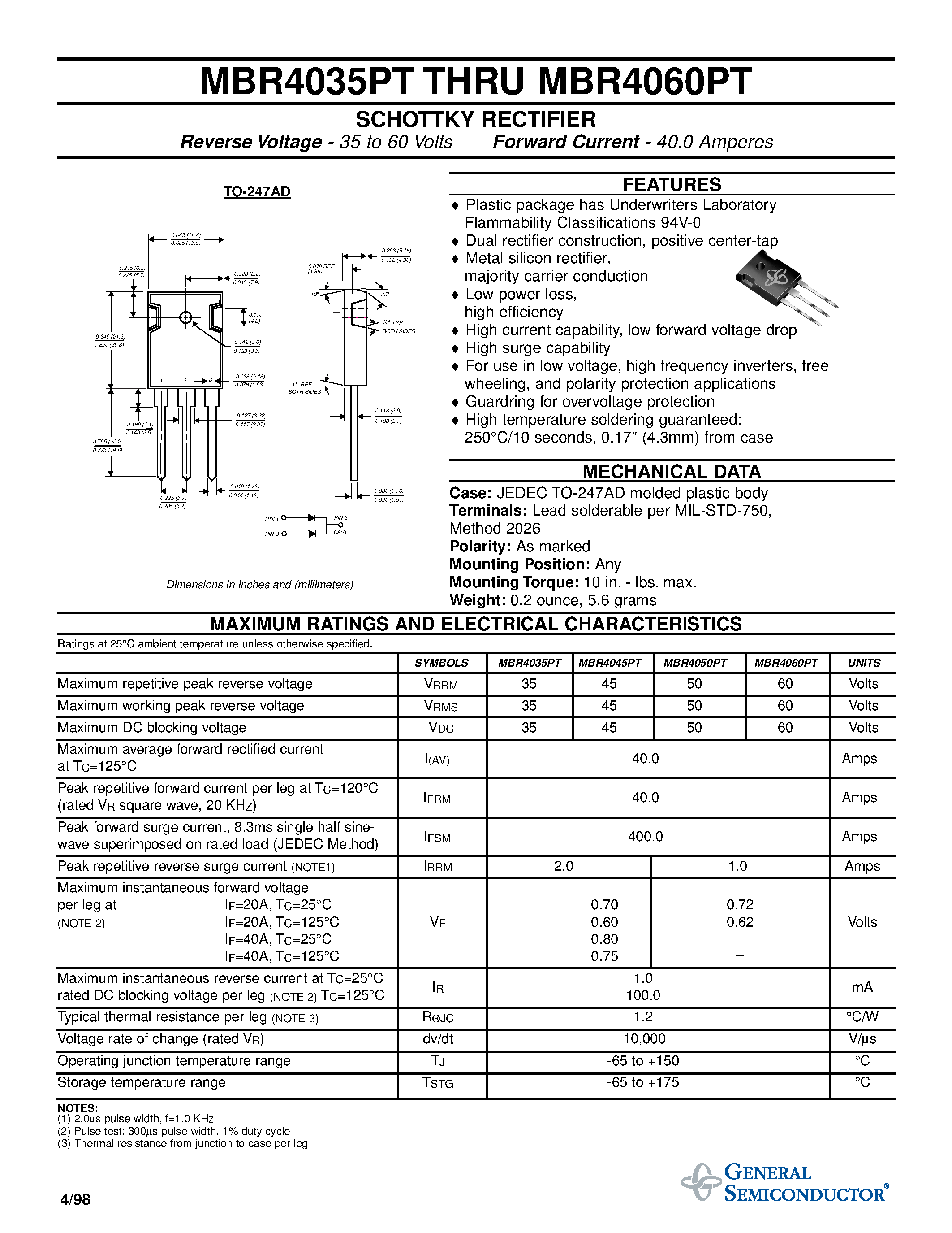 Даташит MBR4050PT - SCHOTTKY RECTIFIER страница 1