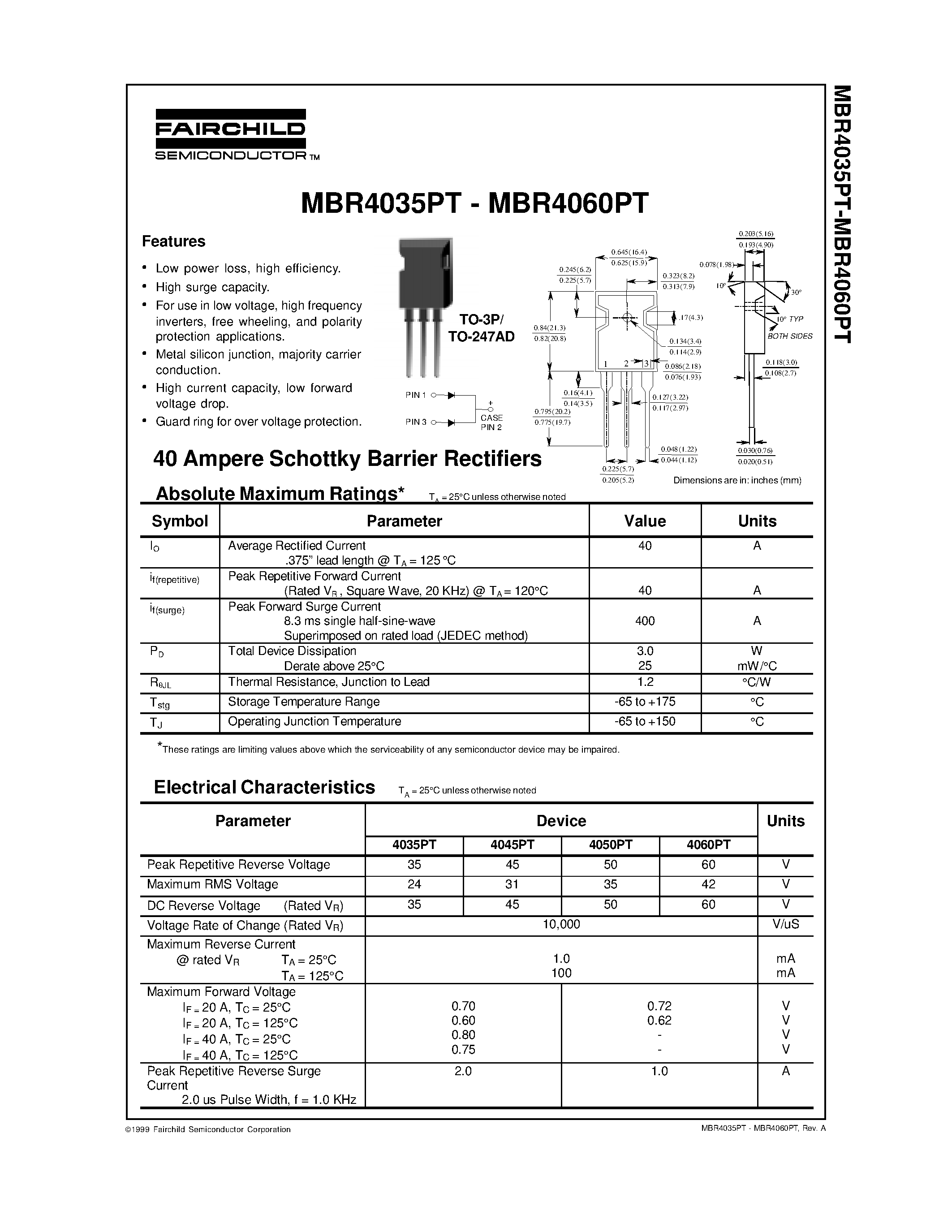 Datasheet MBR4060PT page 1 Datasheet MBR4060PT - 40 Ampere Schottky Barrier Rectifiers page 1