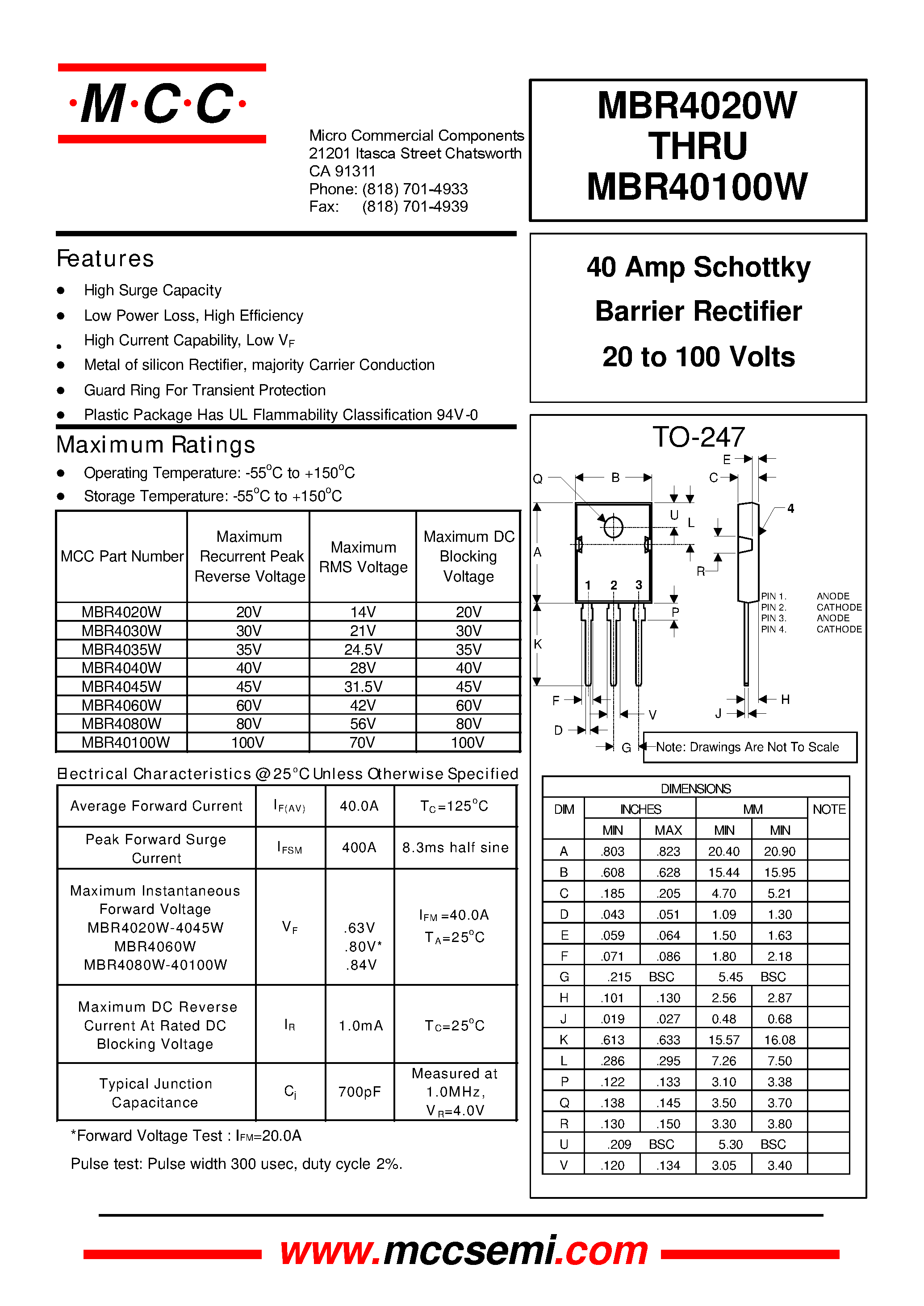 Даташит MBR4080W - 40 Amp Schottky Barrier Rectifier 20 to 100 Volts страница 1