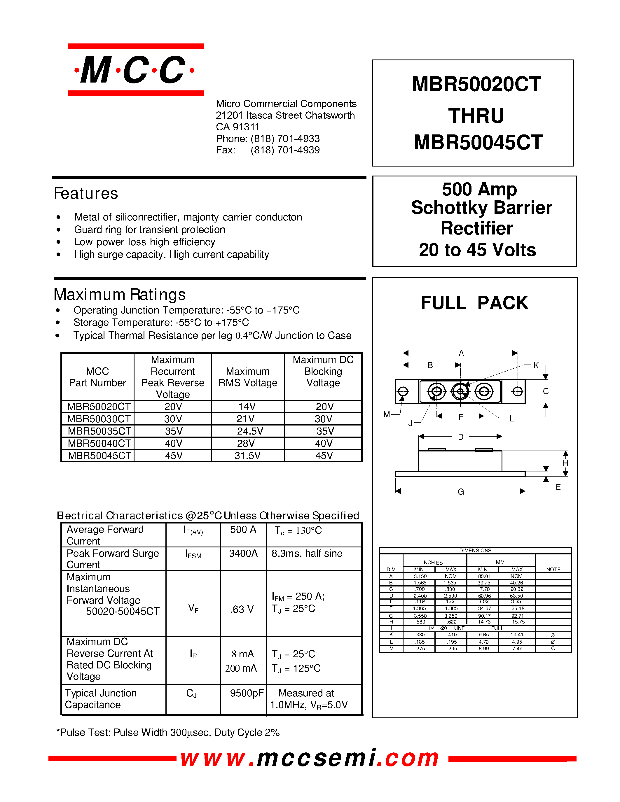 Даташит MBR50035CT - 500 Amp Rectifier 20 to 45 Volts Schottky Barrier страница 1