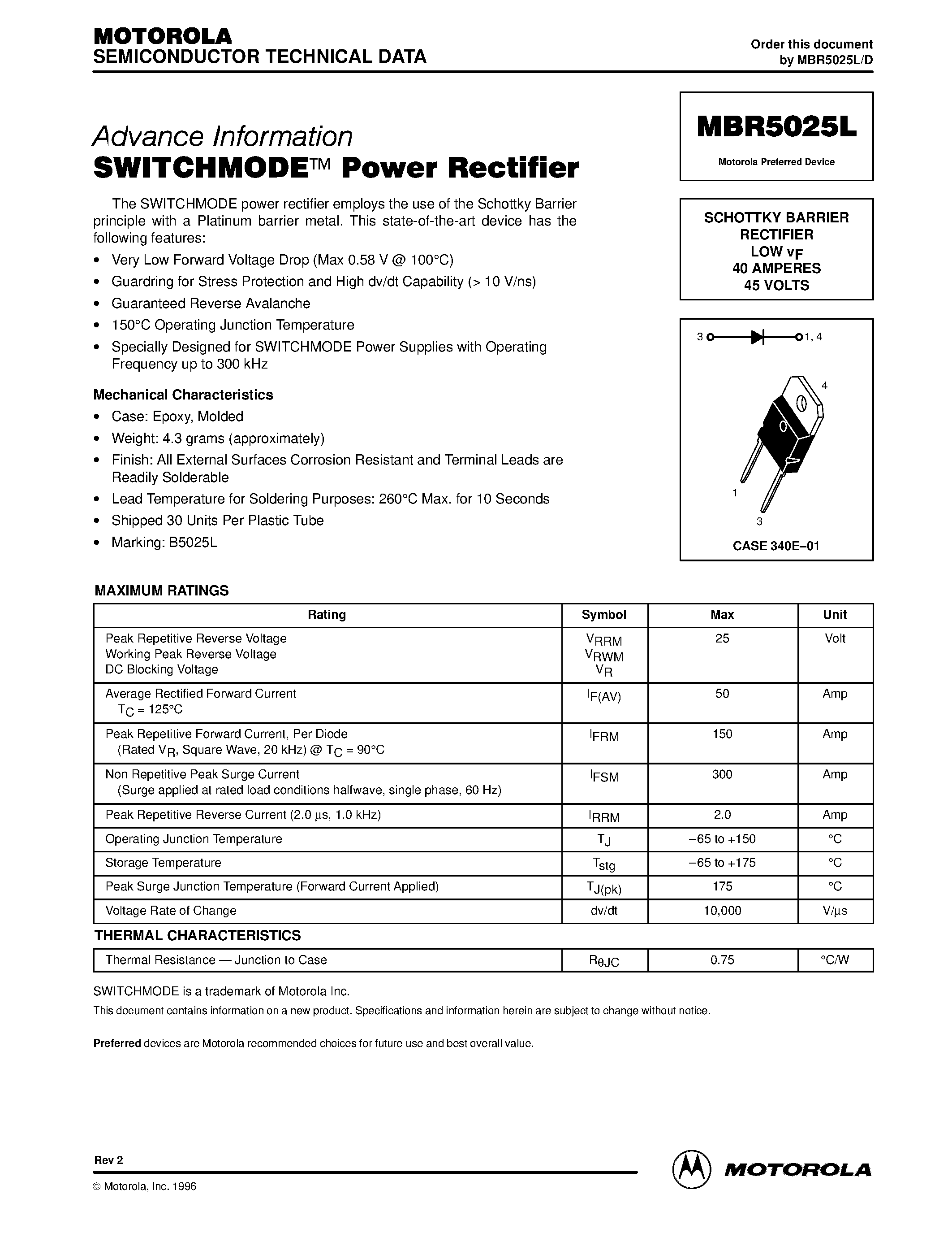 Даташит MBR5025L - SWITCHMODE Power Rectifier страница 1