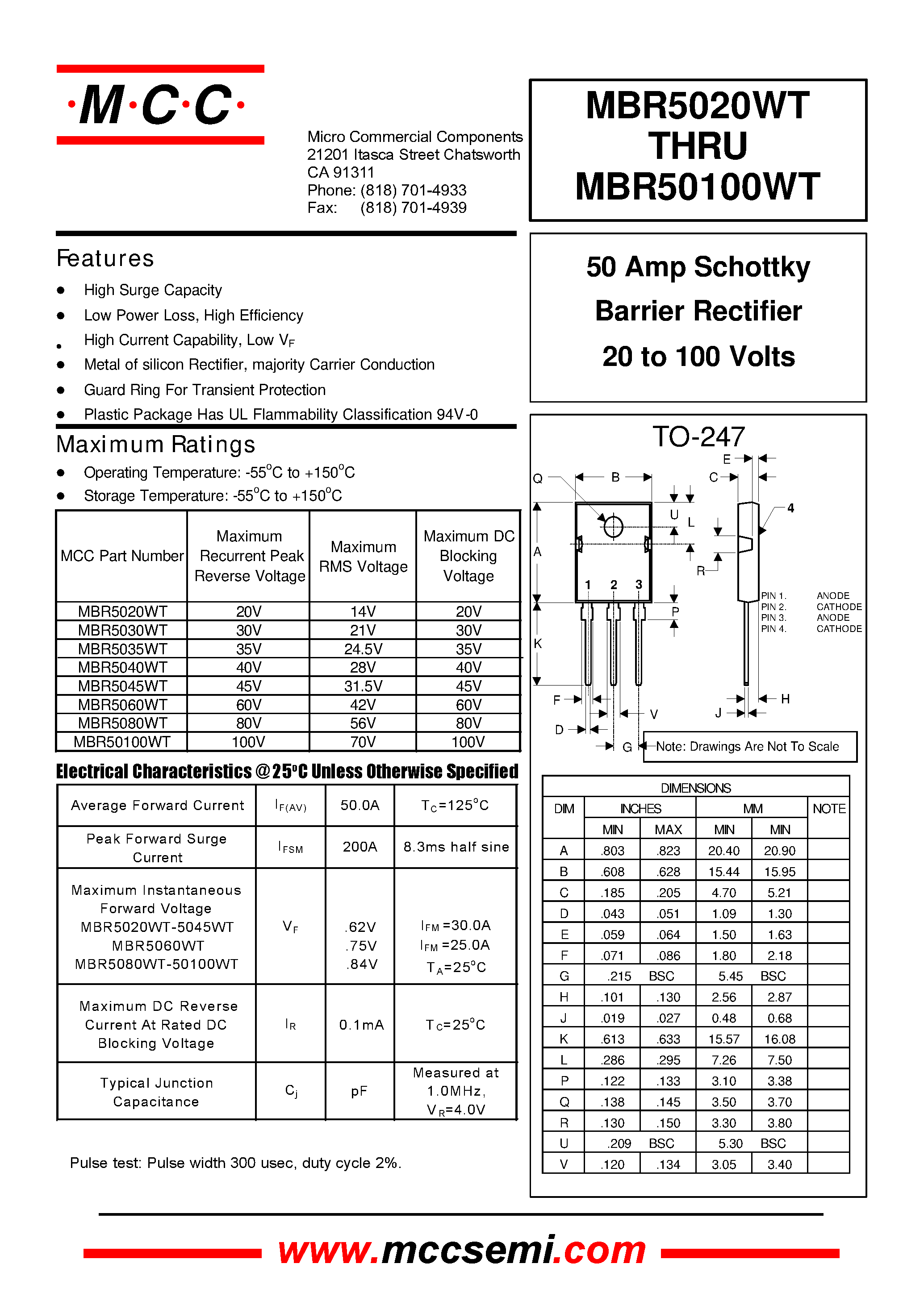 Даташит MBR5045WT - 50 Amp Schottky Barrier Rectifier 20 to 100 Volts страница 1